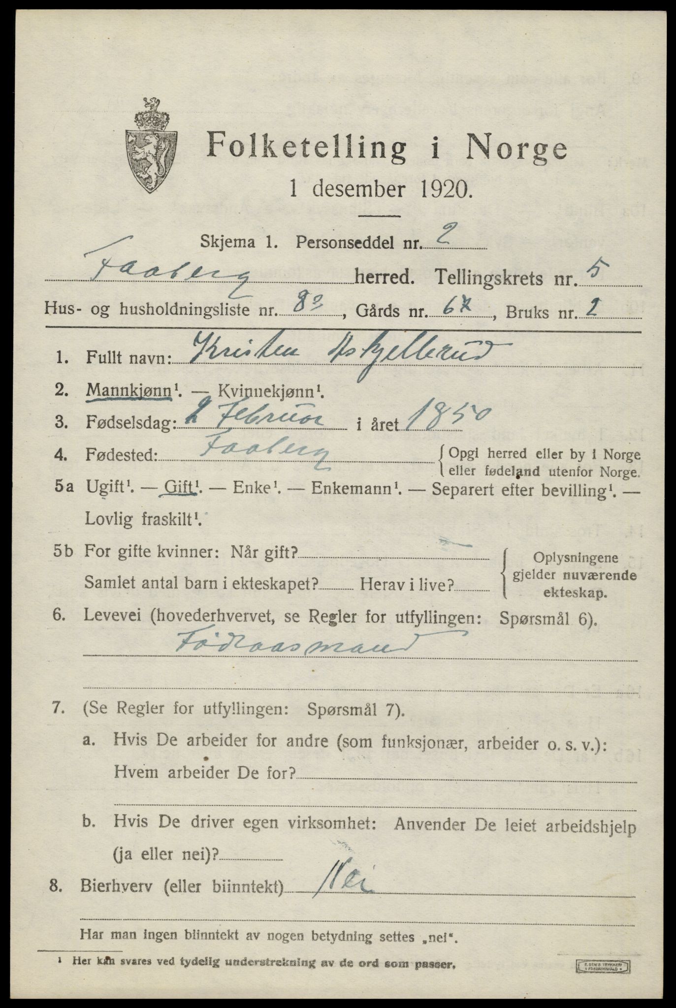 SAH, 1920 census for Fåberg, 1920, p. 7096