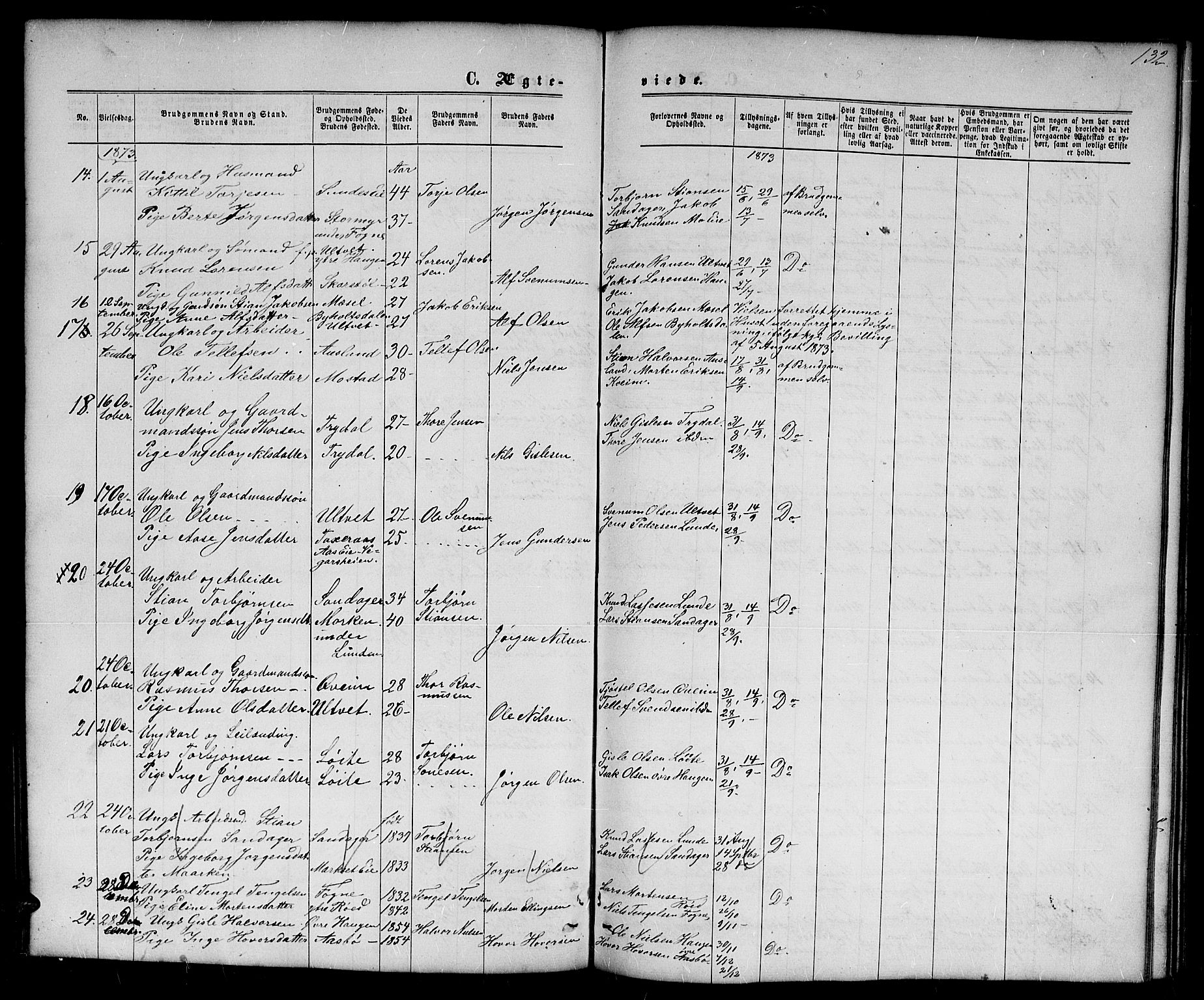 Gjerstad sokneprestkontor, SAK/1111-0014/F/Fb/Fba/L0006: Parish register (copy) no. B 6, 1868-1890, p. 132