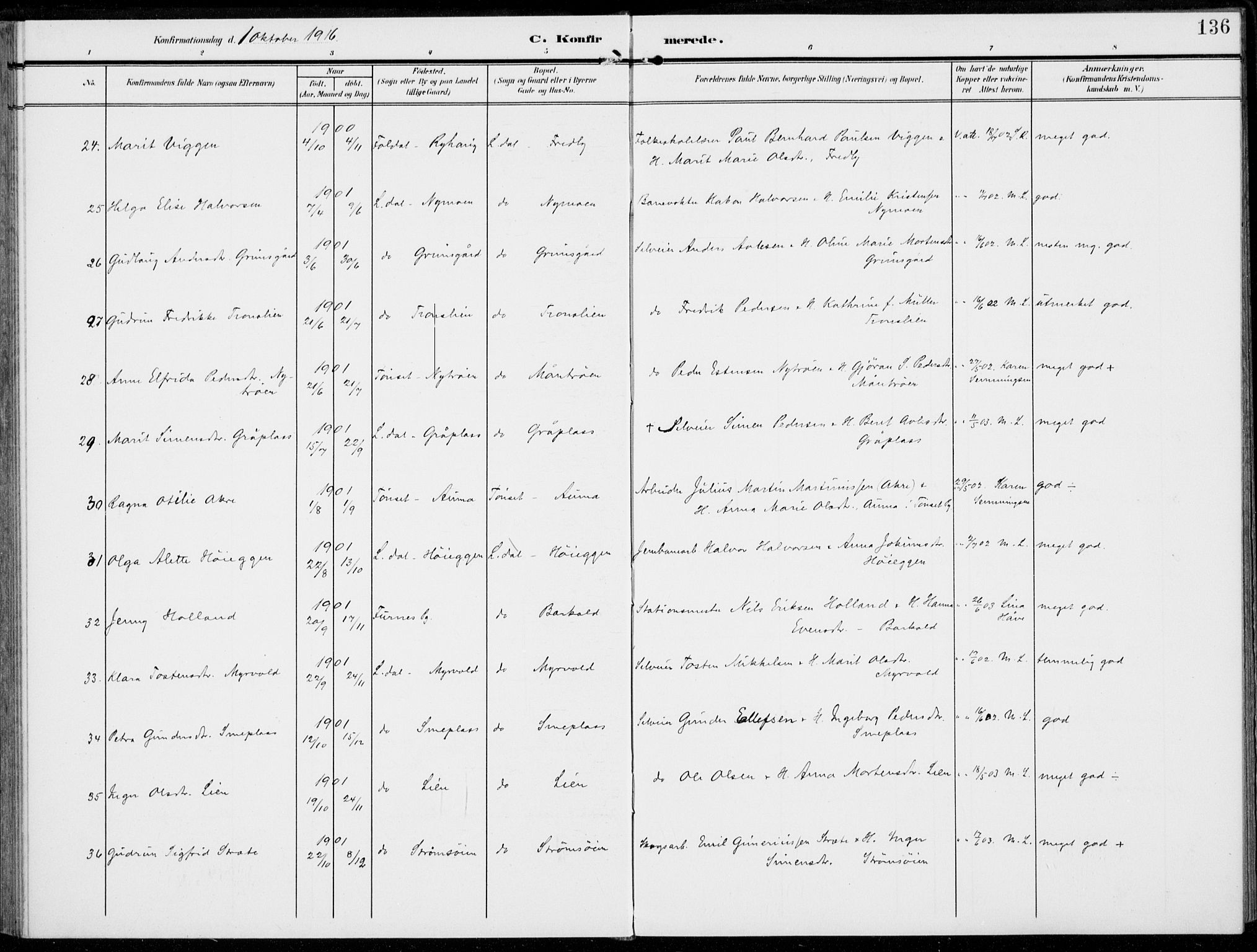 Alvdal prestekontor, AV/SAH-PREST-060/H/Ha/Haa/L0004: Parish register (official) no. 4, 1907-1919, p. 136