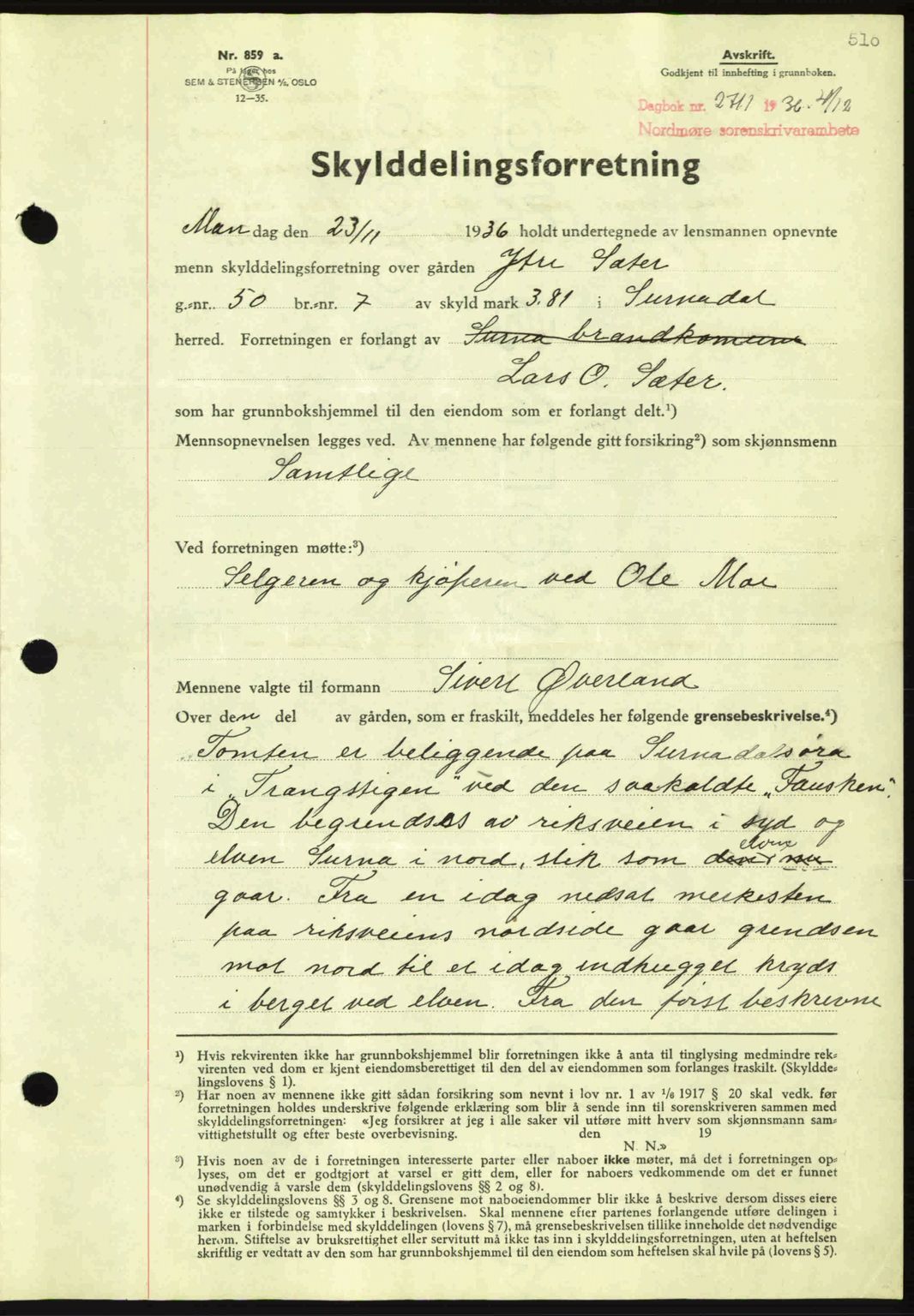 Nordmøre sorenskriveri, AV/SAT-A-4132/1/2/2Ca: Mortgage book no. A80, 1936-1937, Diary no: : 2711/1936