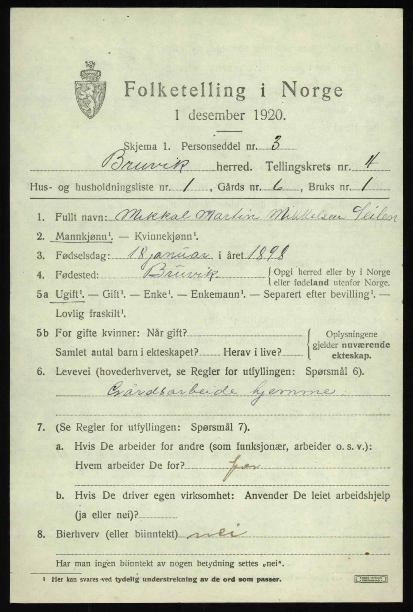 SAB, 1920 census for Bruvik, 1920, p. 2422