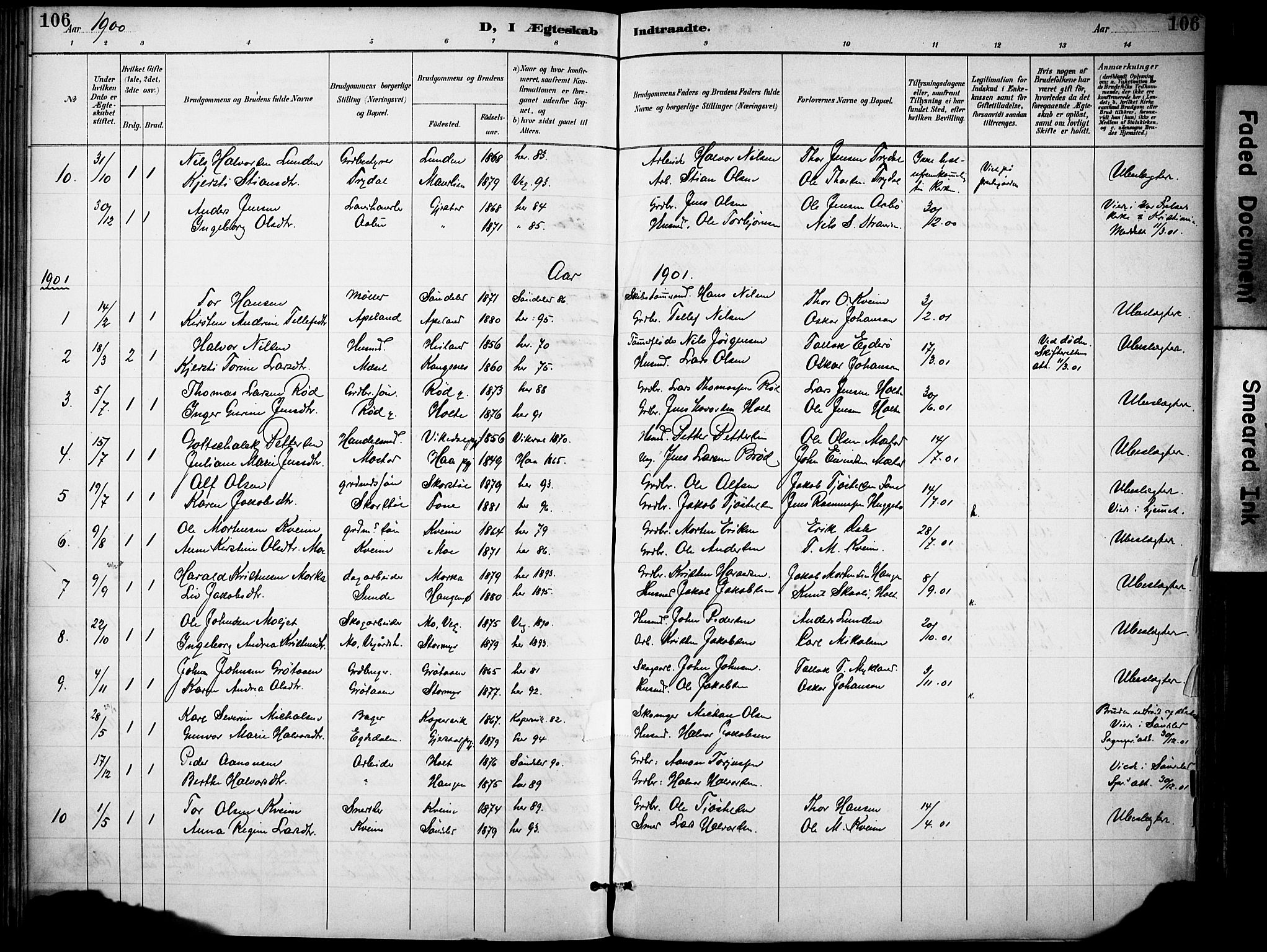 Gjerstad sokneprestkontor, SAK/1111-0014/F/Fa/Faa/L0010: Parish register (official) no. A 10, 1891-1902, p. 106