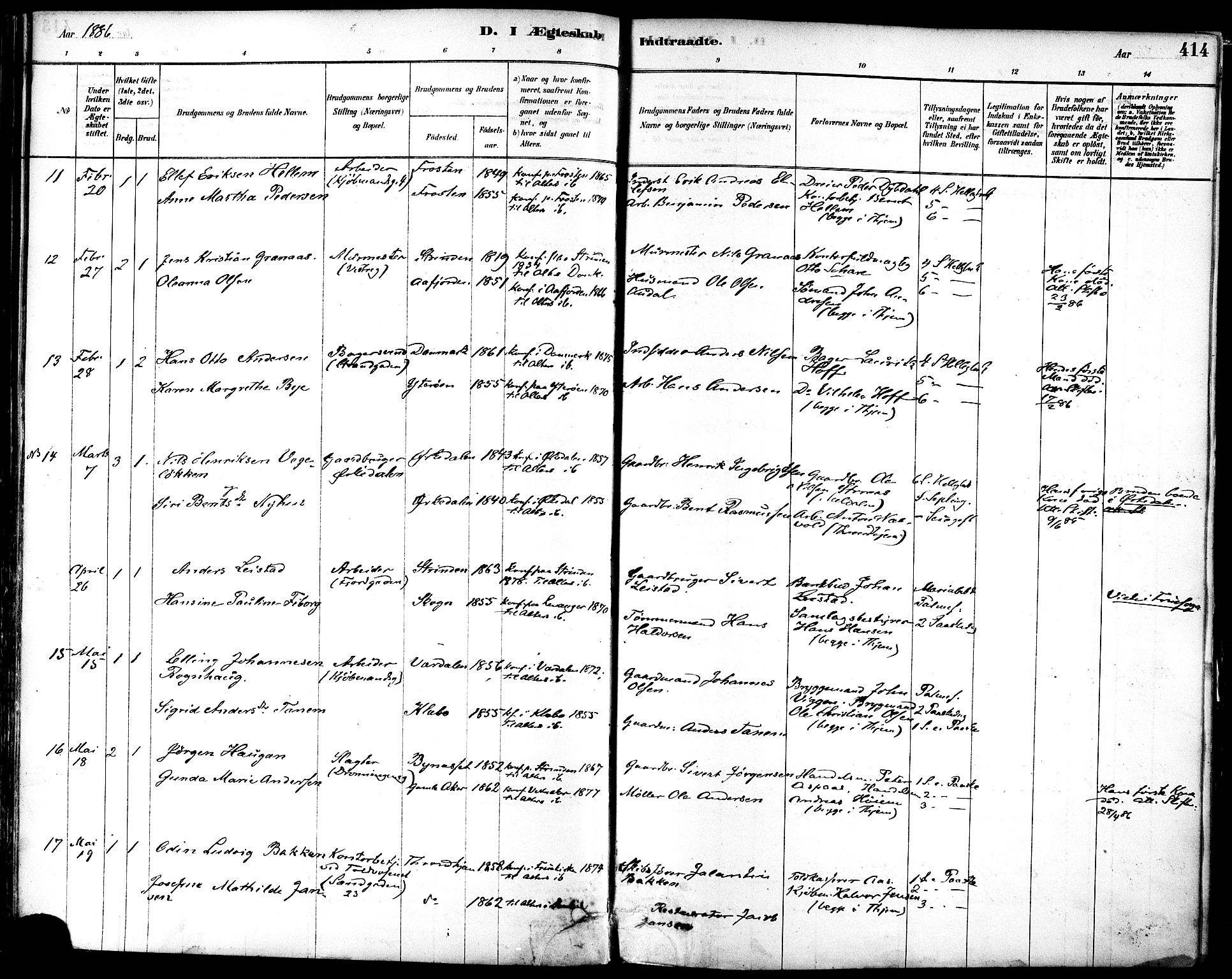 Ministerialprotokoller, klokkerbøker og fødselsregistre - Sør-Trøndelag, AV/SAT-A-1456/601/L0058: Parish register (official) no. 601A26, 1877-1891, p. 414