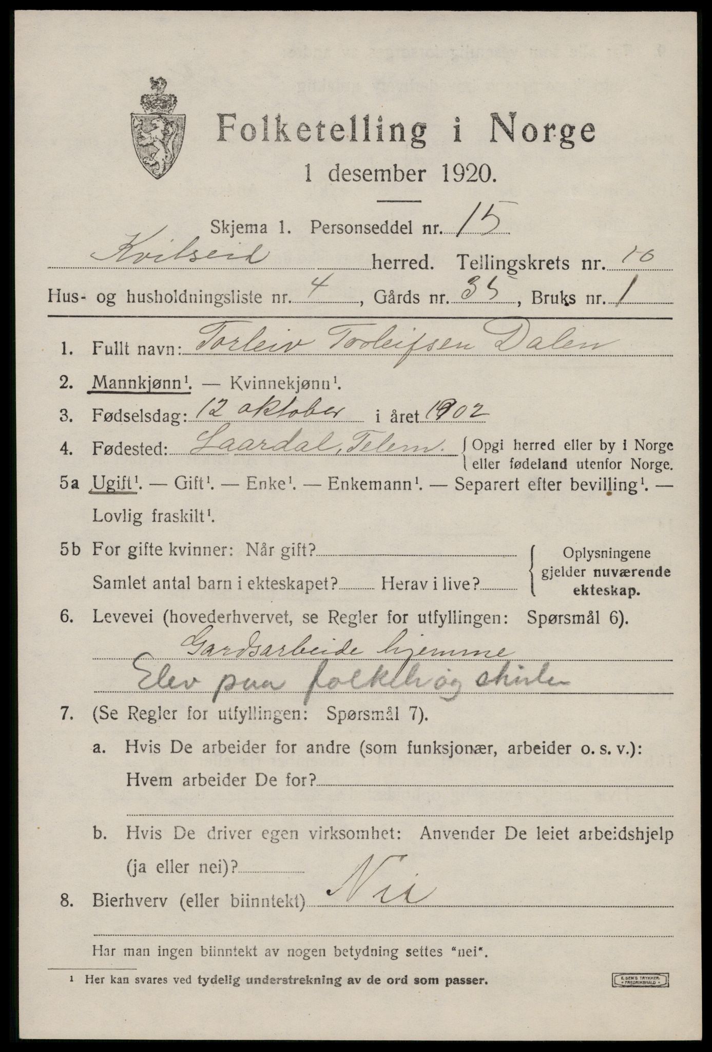 SAKO, 1920 census for Kviteseid, 1920, p. 4717