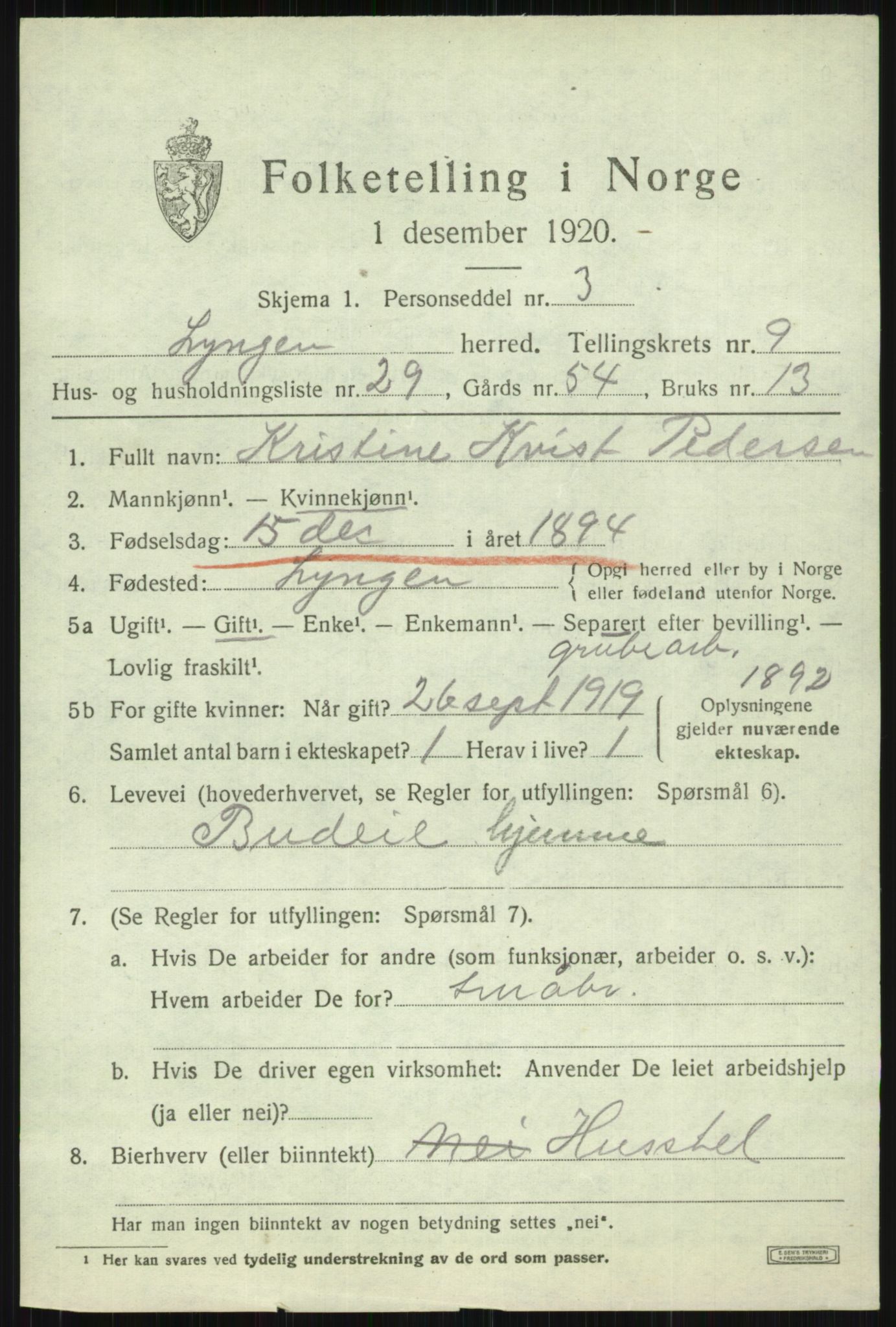 SATØ, 1920 census for Lyngen, 1920, p. 7903