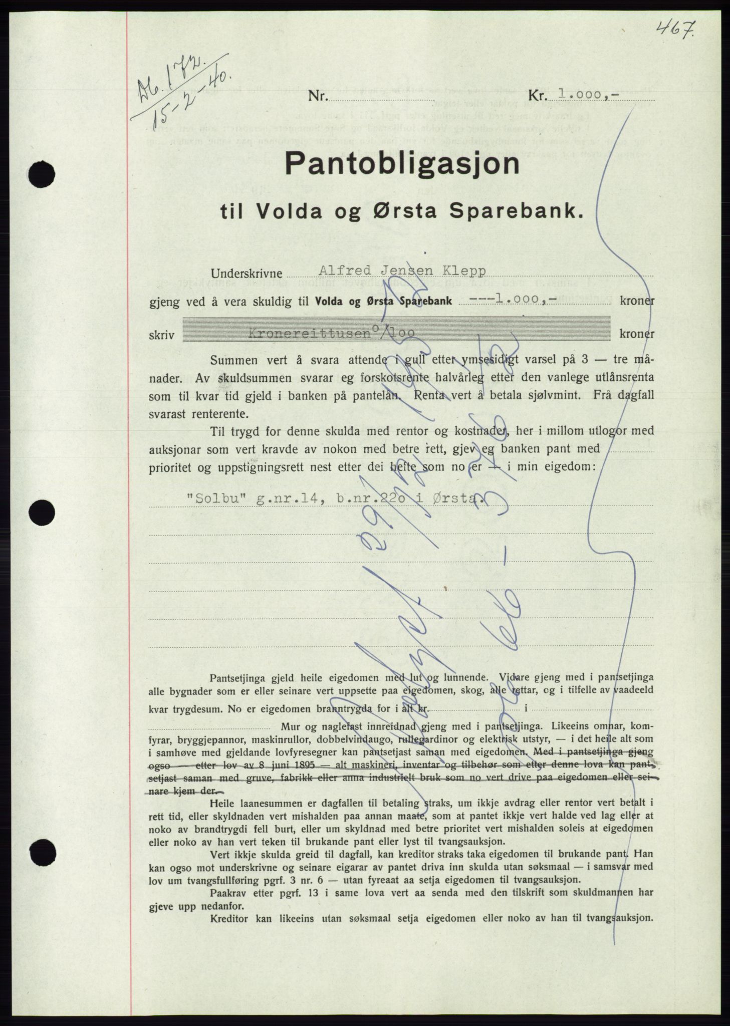 Søre Sunnmøre sorenskriveri, AV/SAT-A-4122/1/2/2C/L0069: Mortgage book no. 63, 1939-1940, Diary no: : 172/1940