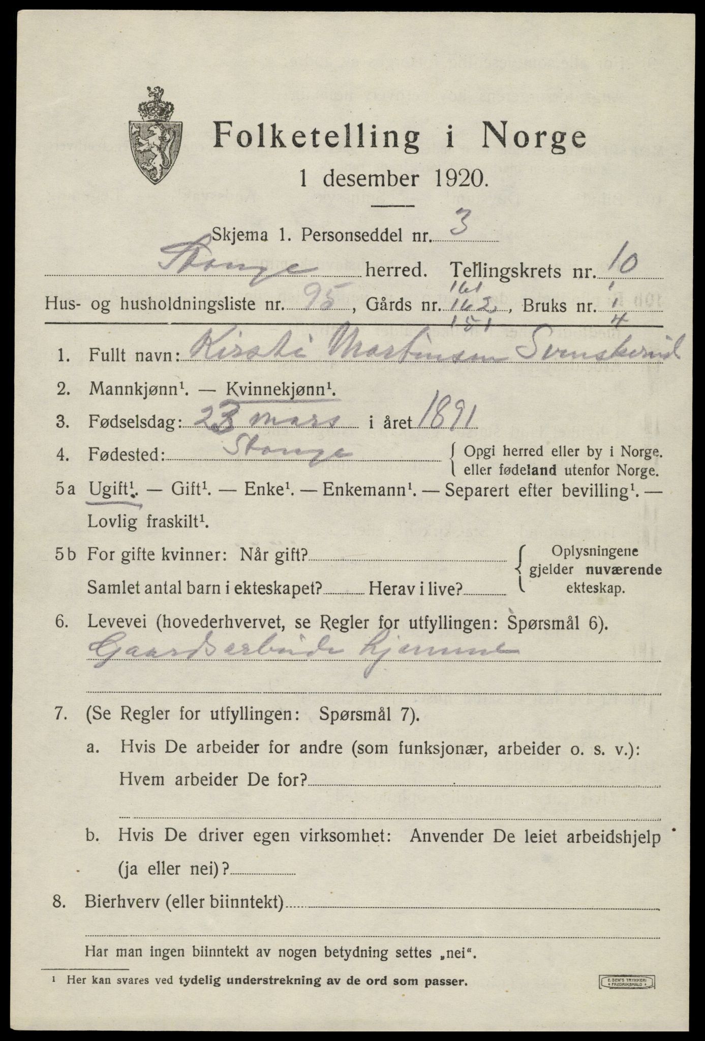 SAH, 1920 census for Stange, 1920, p. 16789