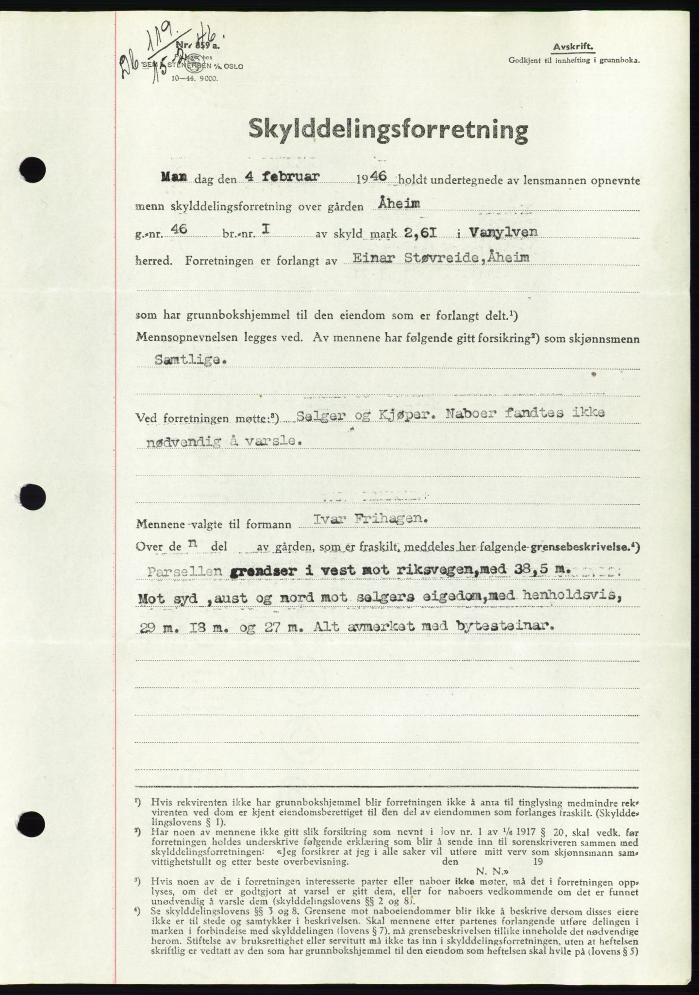 Søre Sunnmøre sorenskriveri, AV/SAT-A-4122/1/2/2C/L0078: Mortgage book no. 4A, 1946-1946, Diary no: : 119/1946