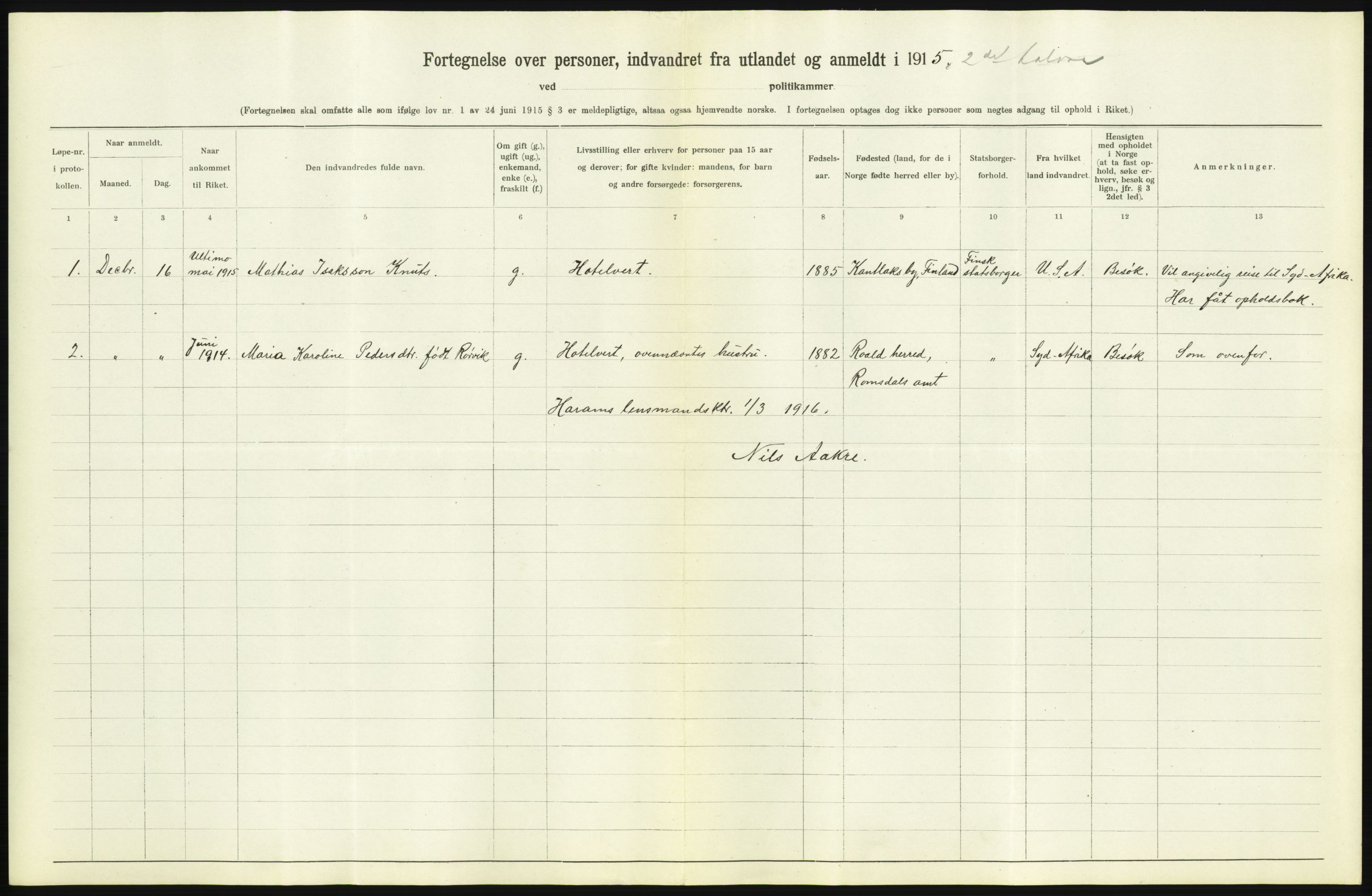 Statistisk sentralbyrå, Sosioøkonomiske emner, Folketellinger, boliger og boforhold, AV/RA-S-2231/F/Fa/L0001: Innvandring. Navn/fylkesvis, 1915, p. 482