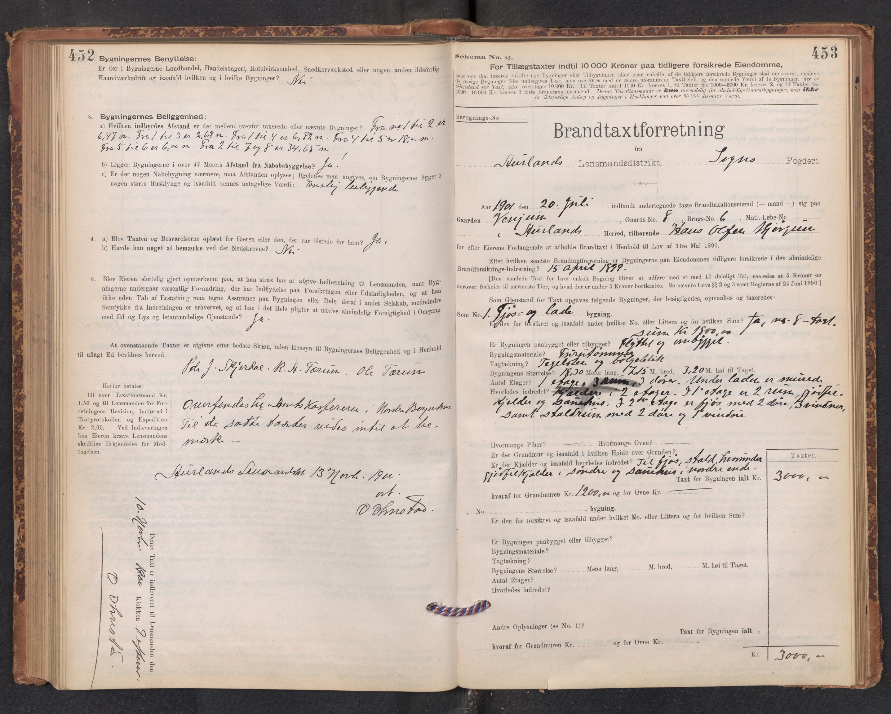 Lensmannen i Aurland, SAB/A-26401/0012/L0004: Branntakstprotokoll, skjematakst, 1895-1911, p. 452-453