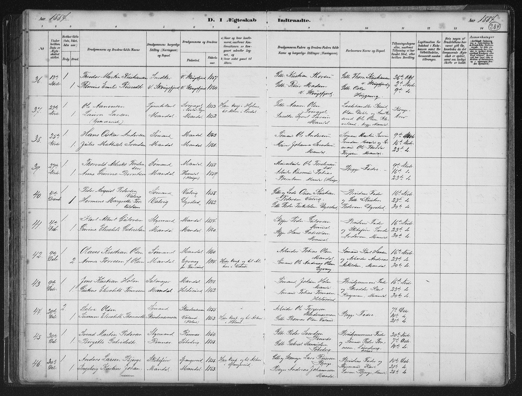 Mandal sokneprestkontor, AV/SAK-1111-0030/F/Fb/Fba/L0011: Parish register (copy) no. B 5, 1880-1898, p. 284