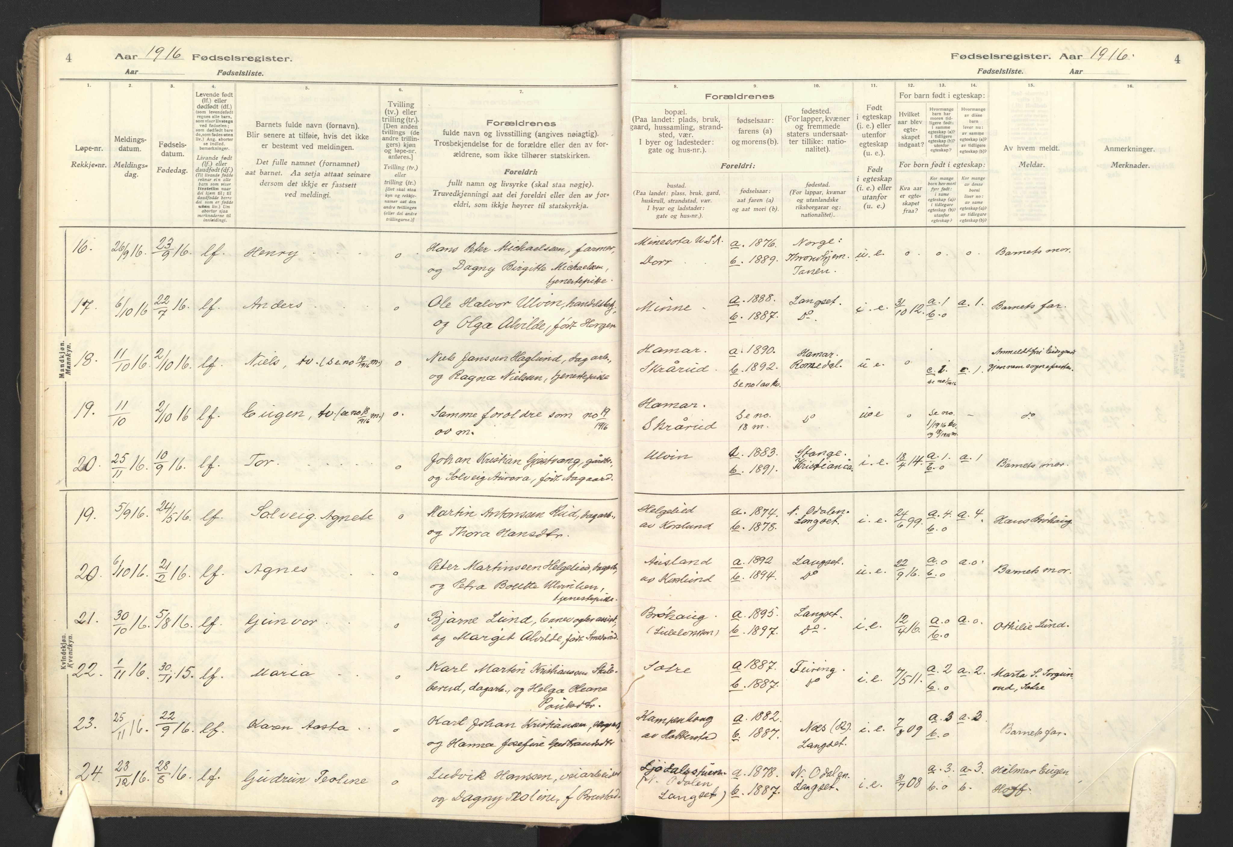 Eidsvoll prestekontor Kirkebøker, SAO/A-10888: Birth register no. II 1, 1916-1959, p. 4