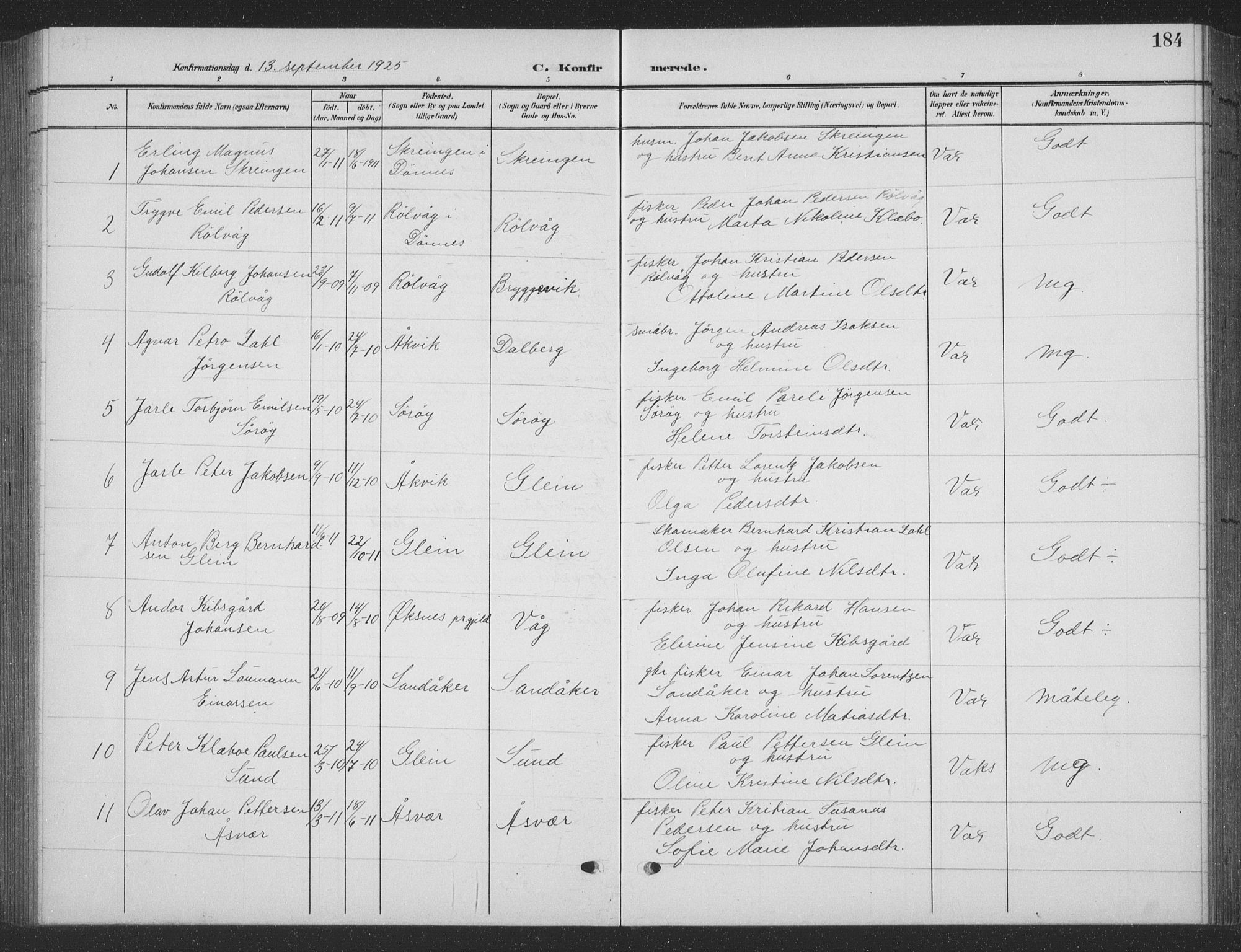 Ministerialprotokoller, klokkerbøker og fødselsregistre - Nordland, AV/SAT-A-1459/835/L0533: Parish register (copy) no. 835C05, 1906-1939, p. 184