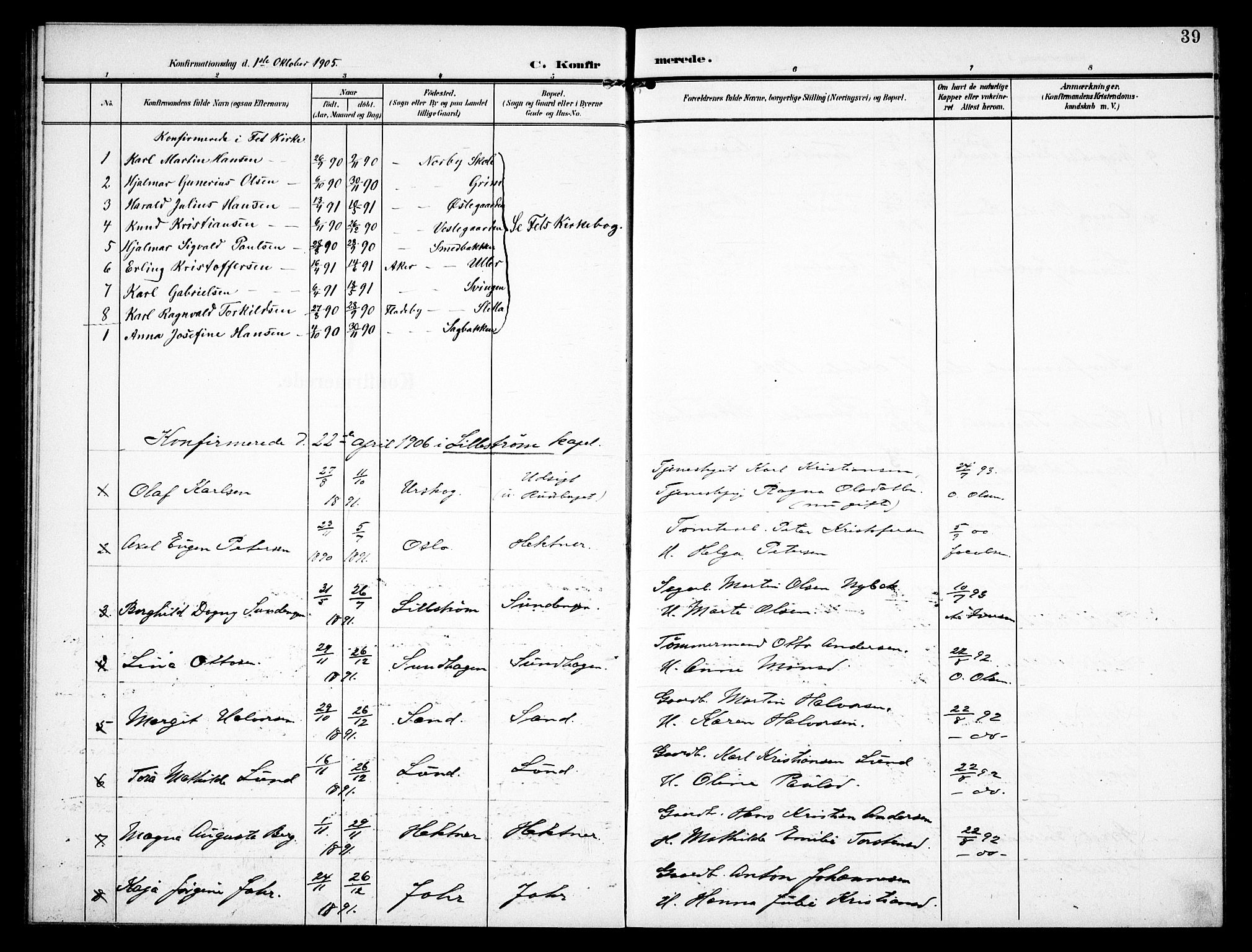 Fet prestekontor Kirkebøker, AV/SAO-A-10370a/F/Fb/L0003: Parish register (official) no. II 3, 1905-1914, p. 39