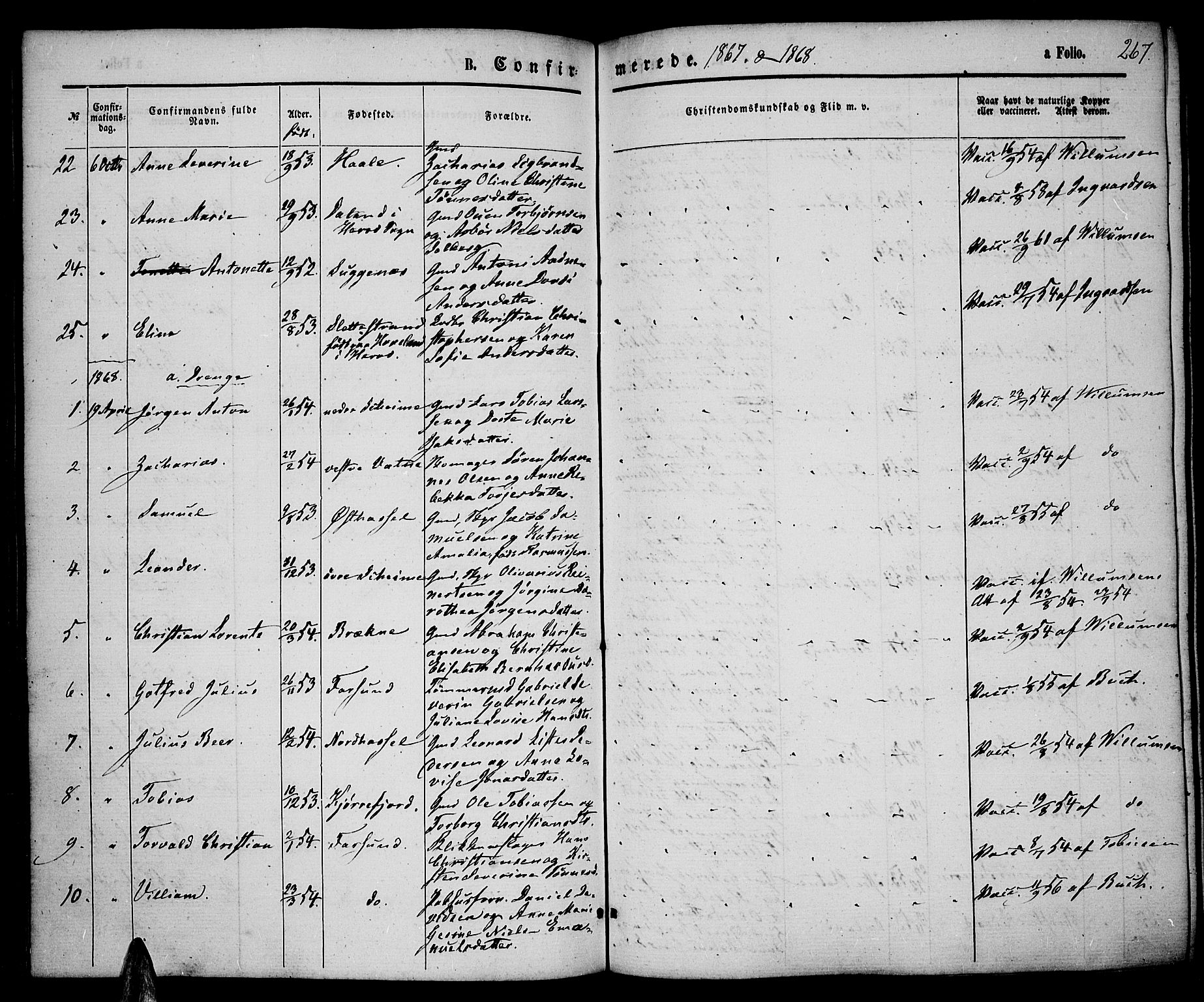 Lista sokneprestkontor, AV/SAK-1111-0027/F/Fb/L0003: Parish register (copy) no. B 3, 1862-1877, p. 267