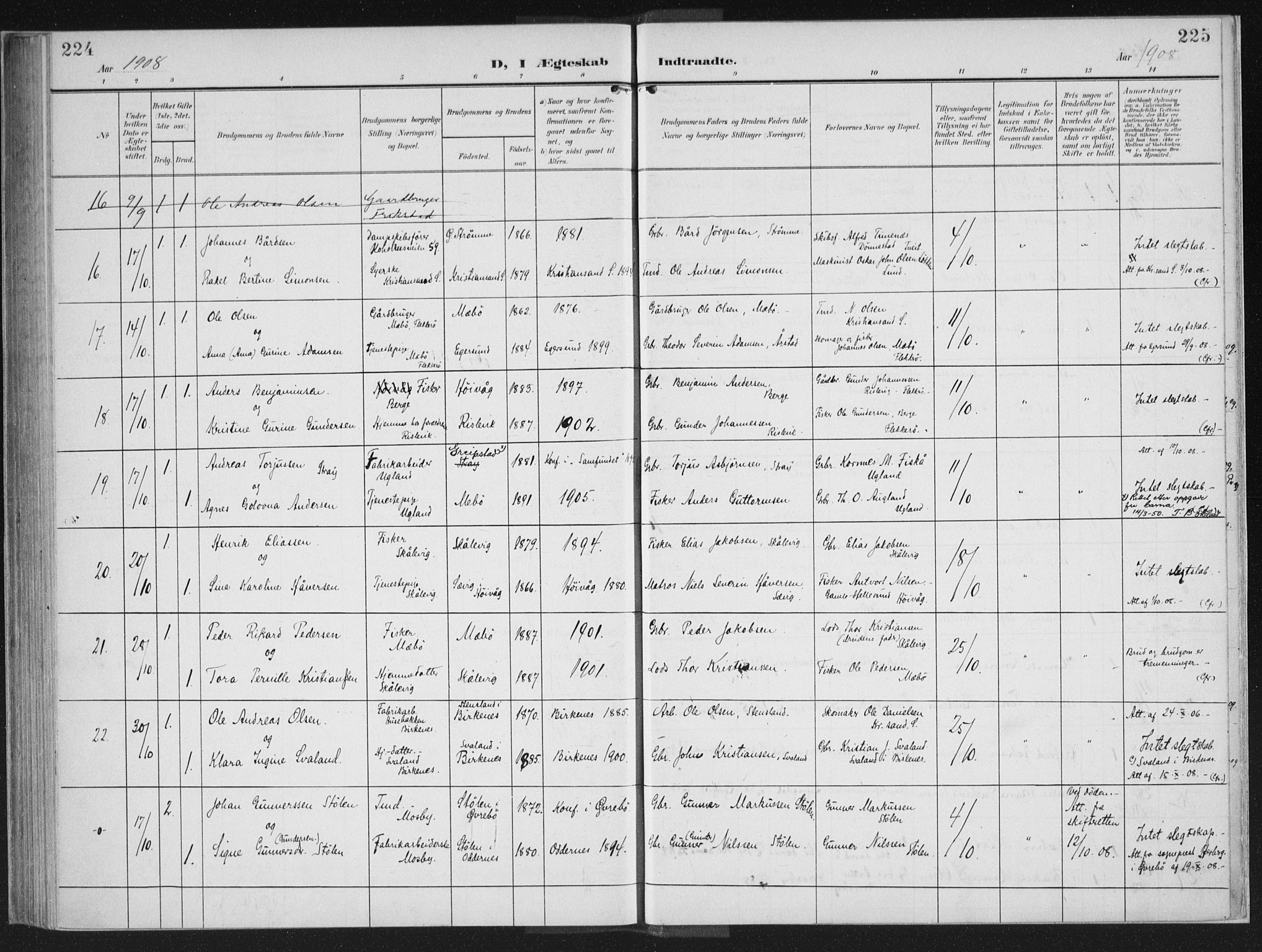 Oddernes sokneprestkontor, AV/SAK-1111-0033/F/Fa/Faa/L0011: Parish register (official) no. A 11, 1904-1911, p. 224-225