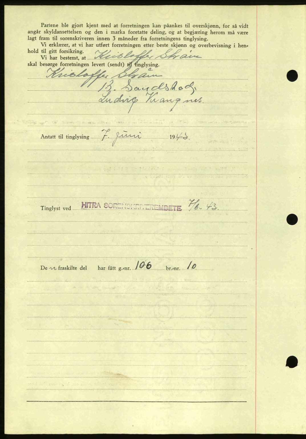 Hitra sorenskriveri, AV/SAT-A-0018/2/2C/2Ca: Mortgage book no. A2, 1943-1945, Diary no: : 416/1943