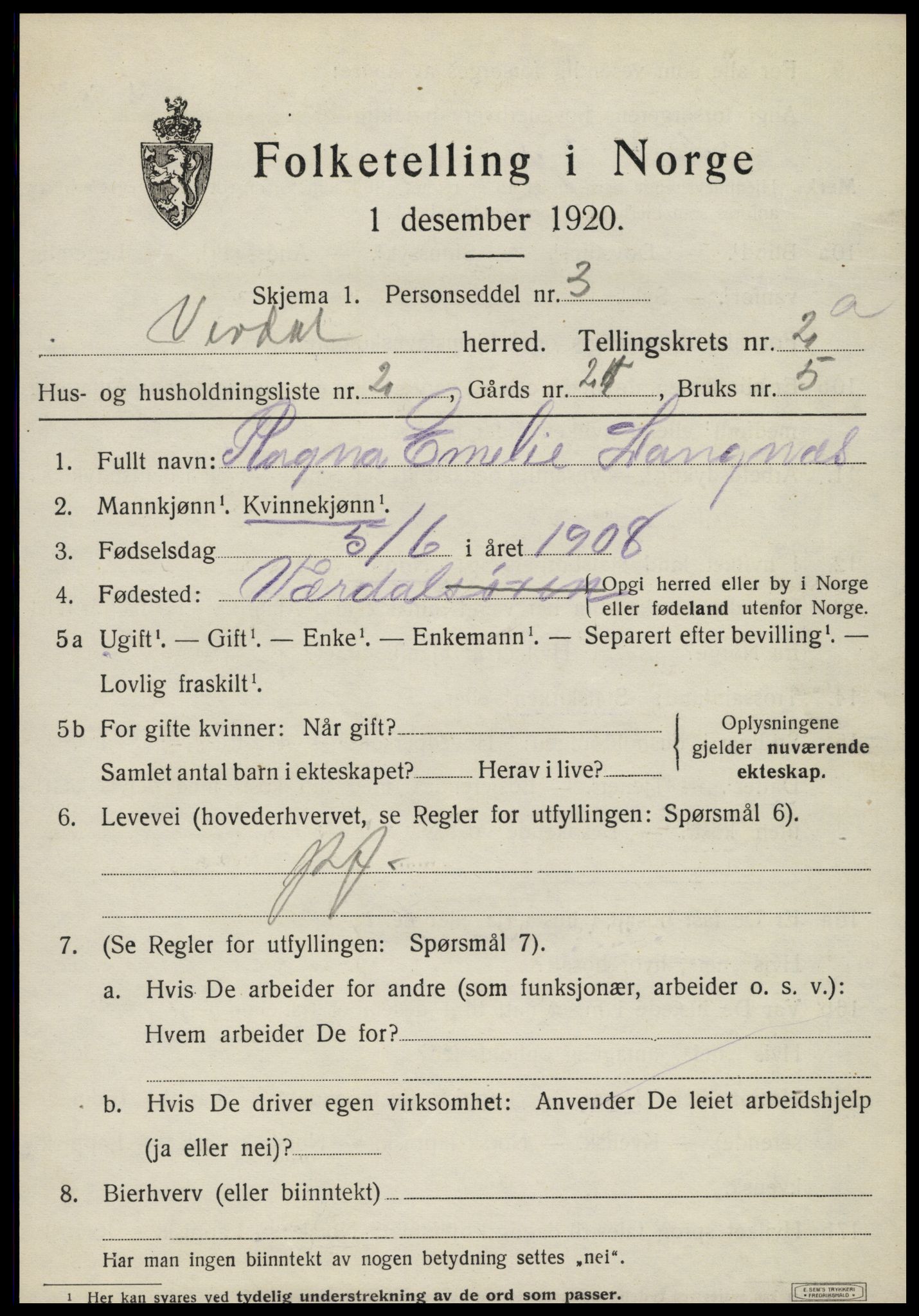 SAT, 1920 census for Verdal, 1920, p. 3735