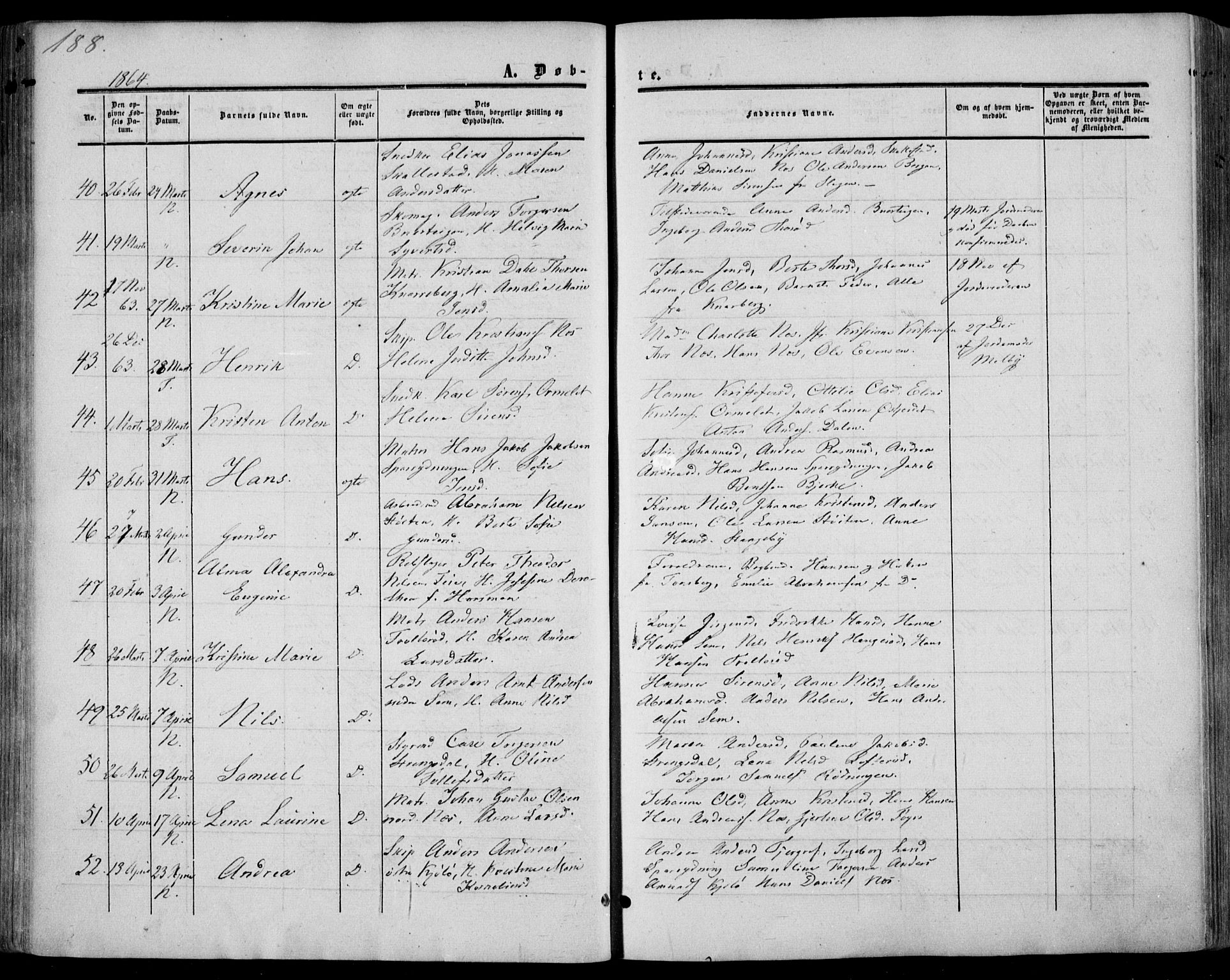 Nøtterøy kirkebøker, SAKO/A-354/F/Fa/L0006: Parish register (official) no. I 6, 1852-1864, p. 188