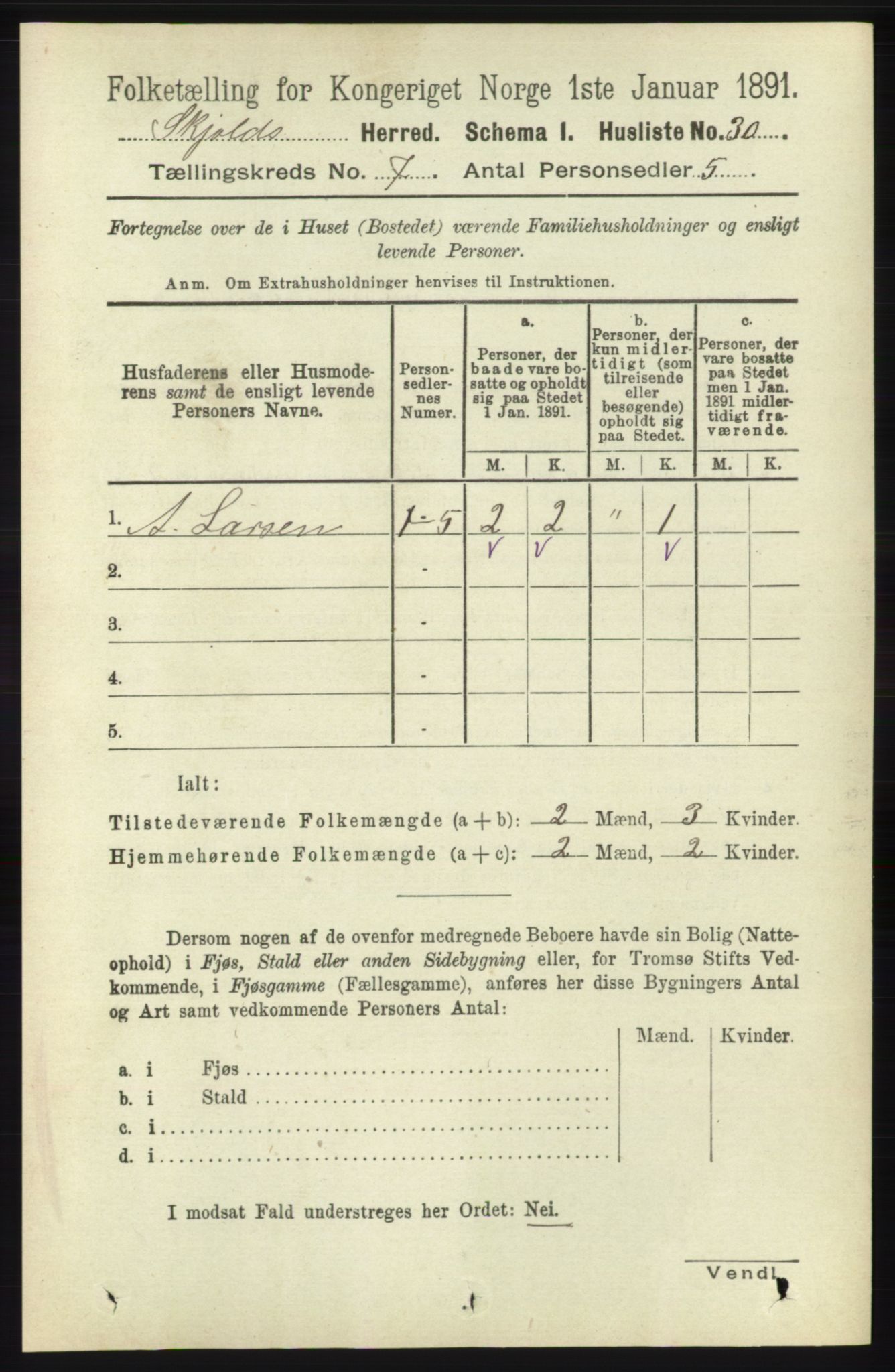 RA, 1891 census for 1154 Skjold, 1891, p. 1333