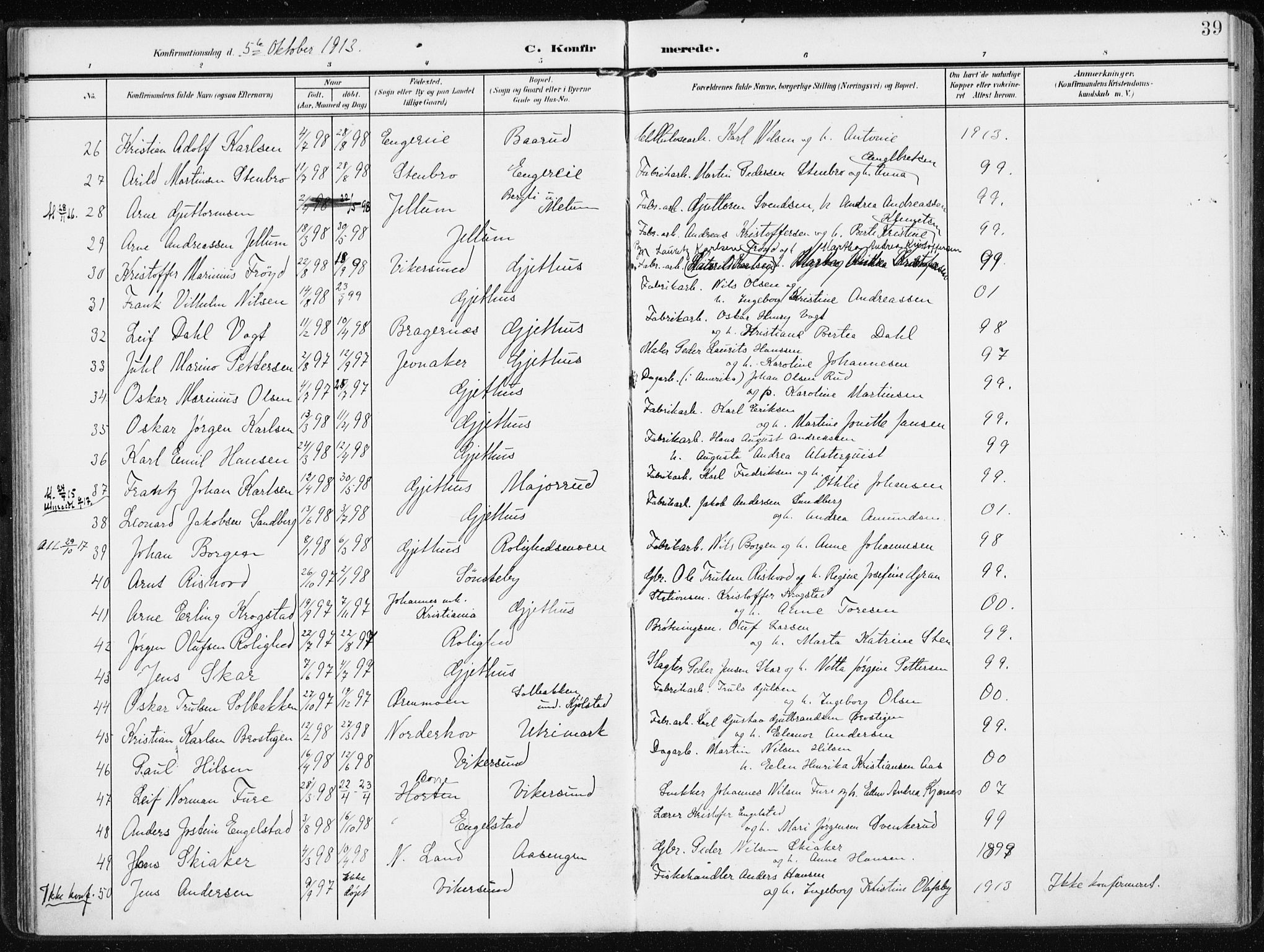 Modum kirkebøker, AV/SAKO-A-234/F/Fa/L0014b: Parish register (official) no. 14b, 1906-1917, p. 39