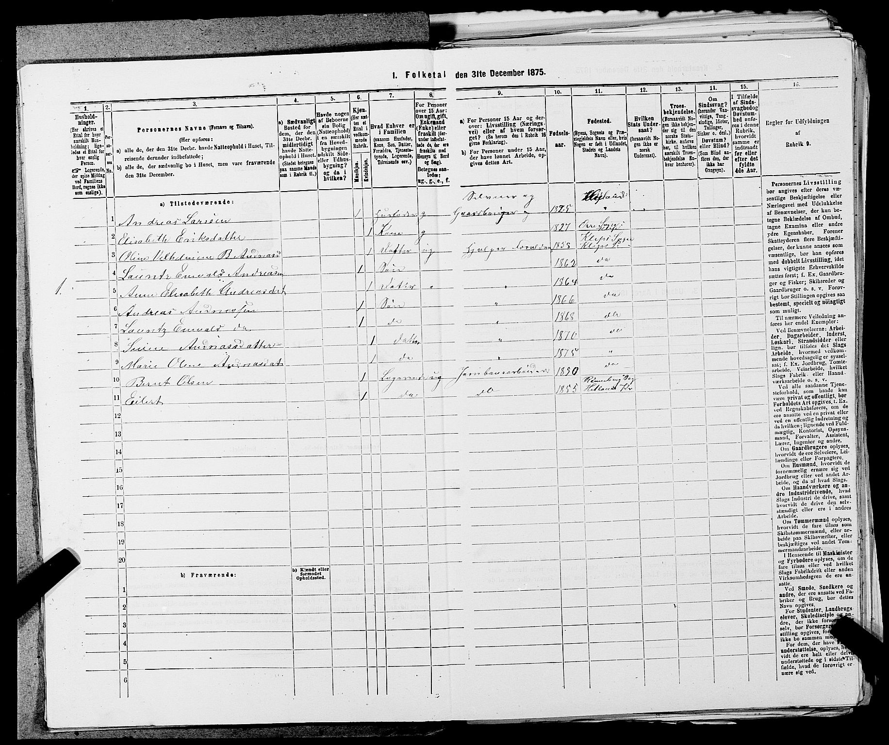 SAST, 1875 census for 1120P Klepp, 1875, p. 184