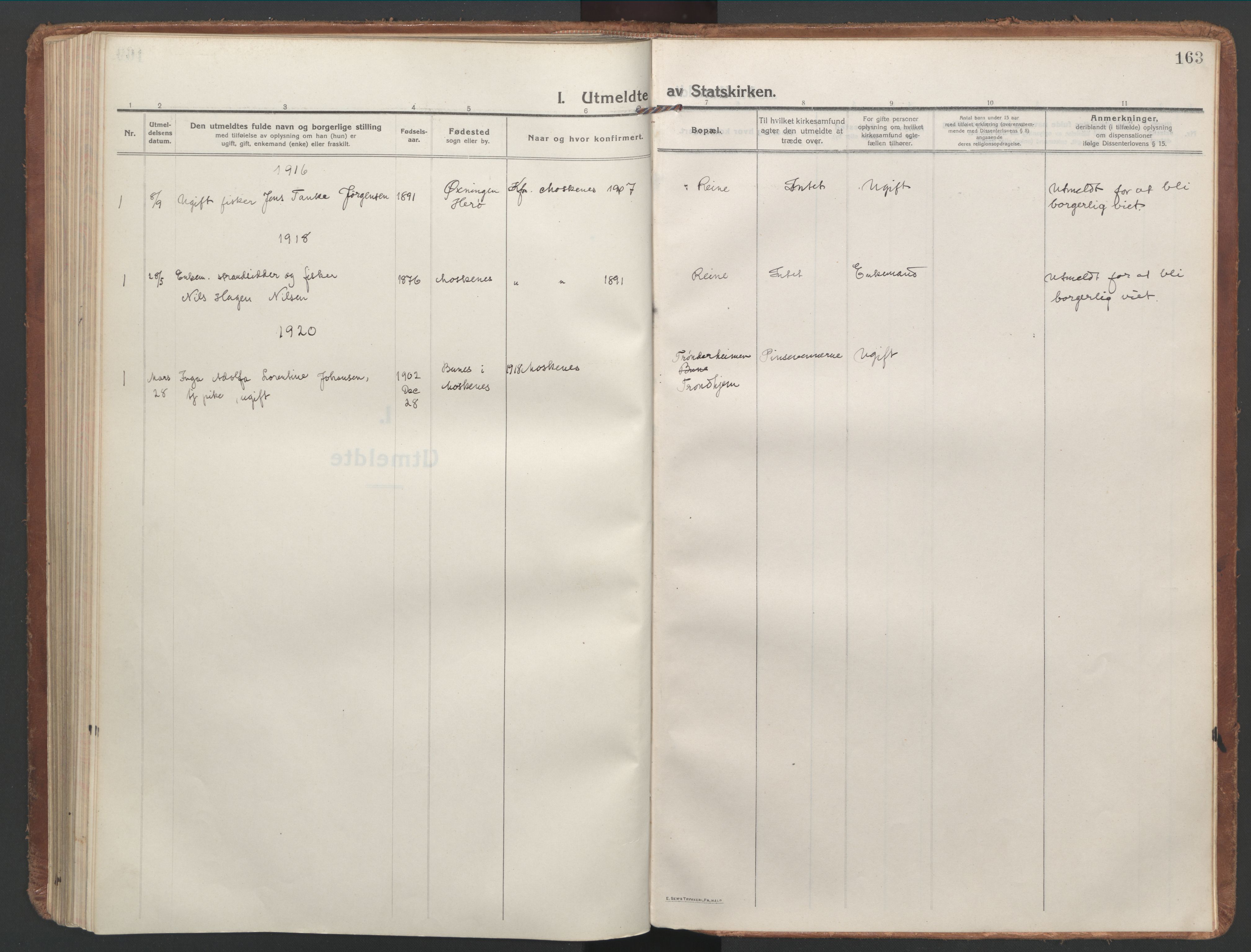 Ministerialprotokoller, klokkerbøker og fødselsregistre - Nordland, SAT/A-1459/886/L1222: Parish register (official) no. 886A04, 1914-1926, p. 163