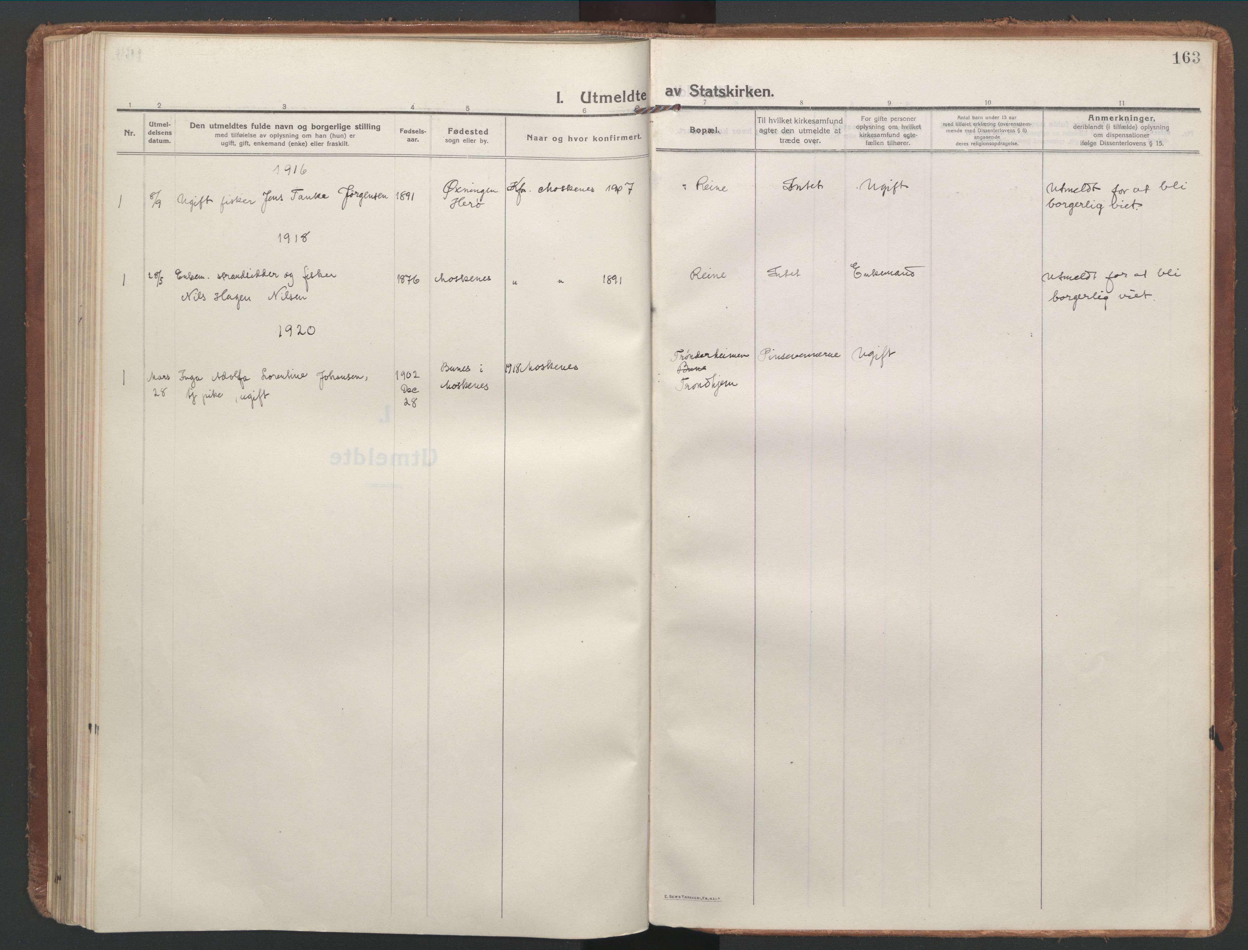 Ministerialprotokoller, klokkerbøker og fødselsregistre - Nordland, AV/SAT-A-1459/886/L1222: Parish register (official) no. 886A04, 1914-1926, p. 163