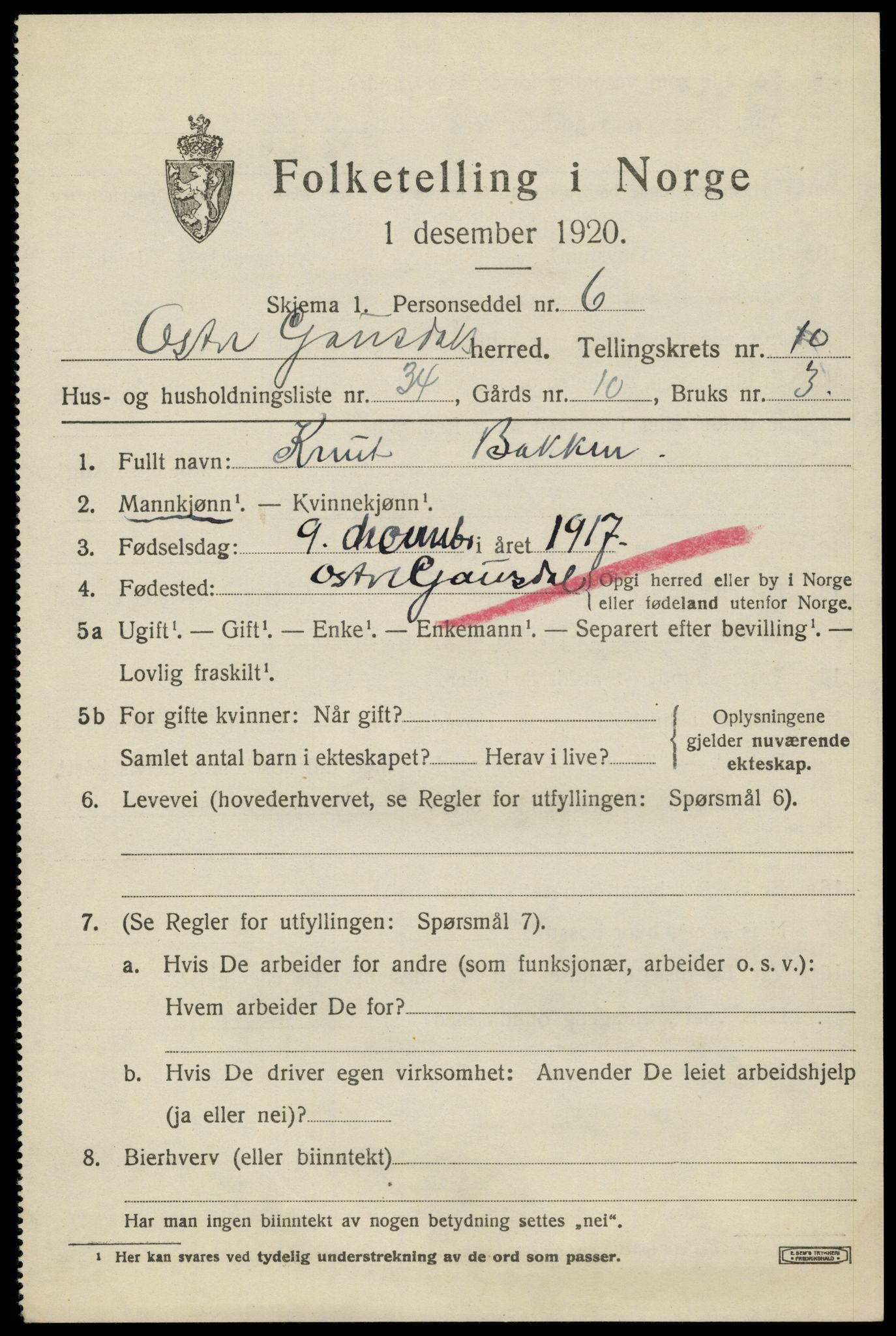 SAH, 1920 census for Østre Gausdal, 1920, p. 5814