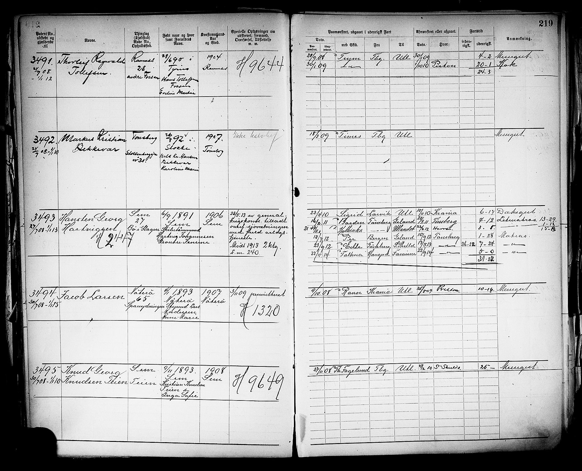 Tønsberg innrulleringskontor, SAKO/A-786/F/Fb/L0005: Annotasjonsrulle Patent nr. 2401-4080, 1904-1910, p. 222