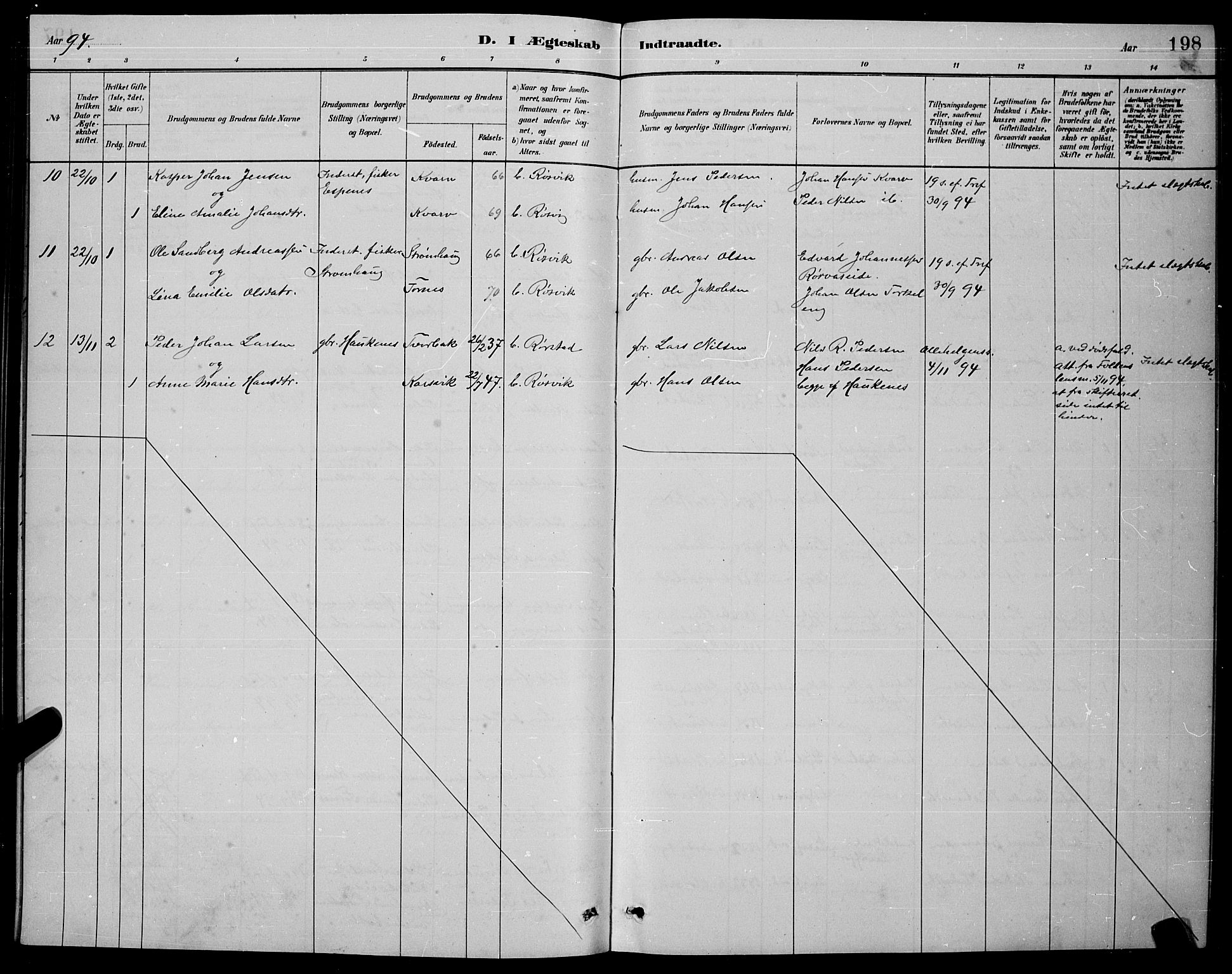 Ministerialprotokoller, klokkerbøker og fødselsregistre - Nordland, AV/SAT-A-1459/853/L0772: Parish register (official) no. 853A11, 1881-1900, p. 198