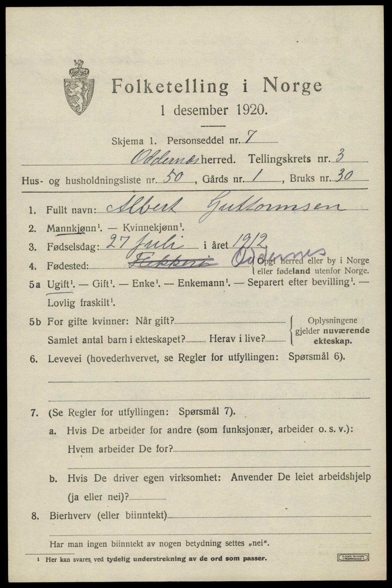 SAK, 1920 census for Oddernes, 1920, p. 3905