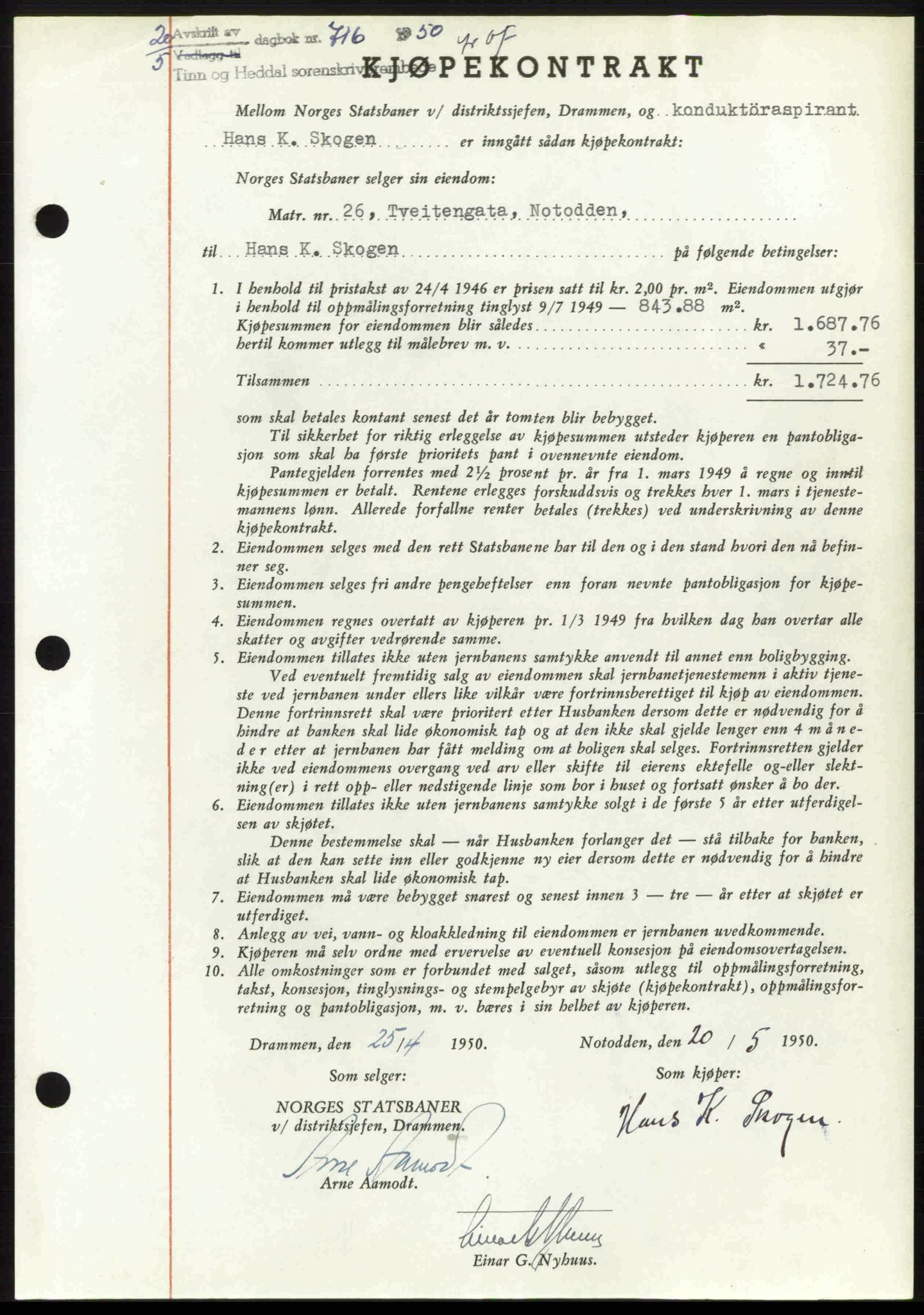 Tinn og Heddal sorenskriveri, AV/SAKO-A-212/G/Ga/L0014: Mortgage book no. 14, 1949-1950, Diary no: : 716/1950