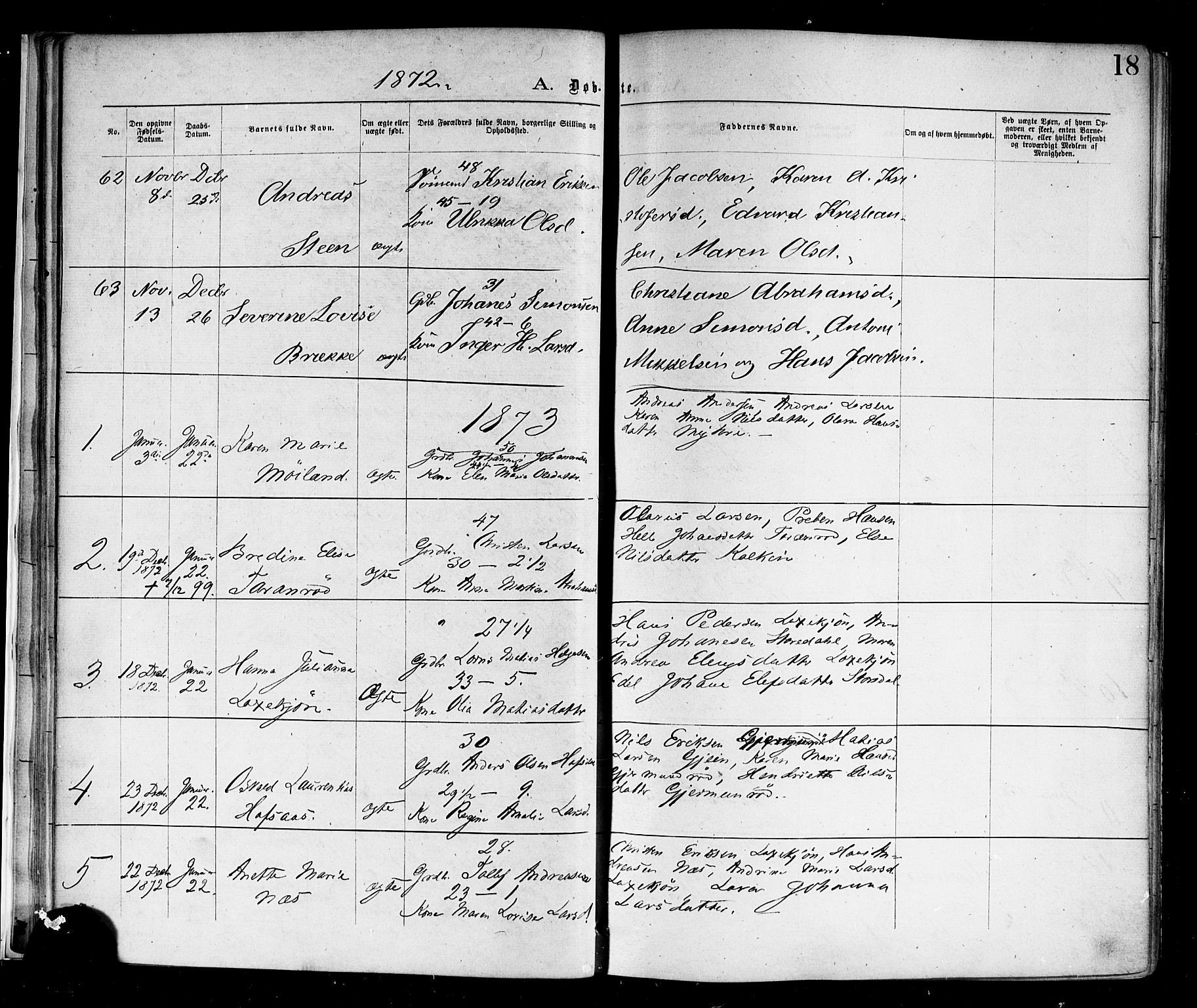 Andebu kirkebøker, SAKO/A-336/F/Fa/L0006: Parish register (official) no. 6, 1871-1878, p. 18