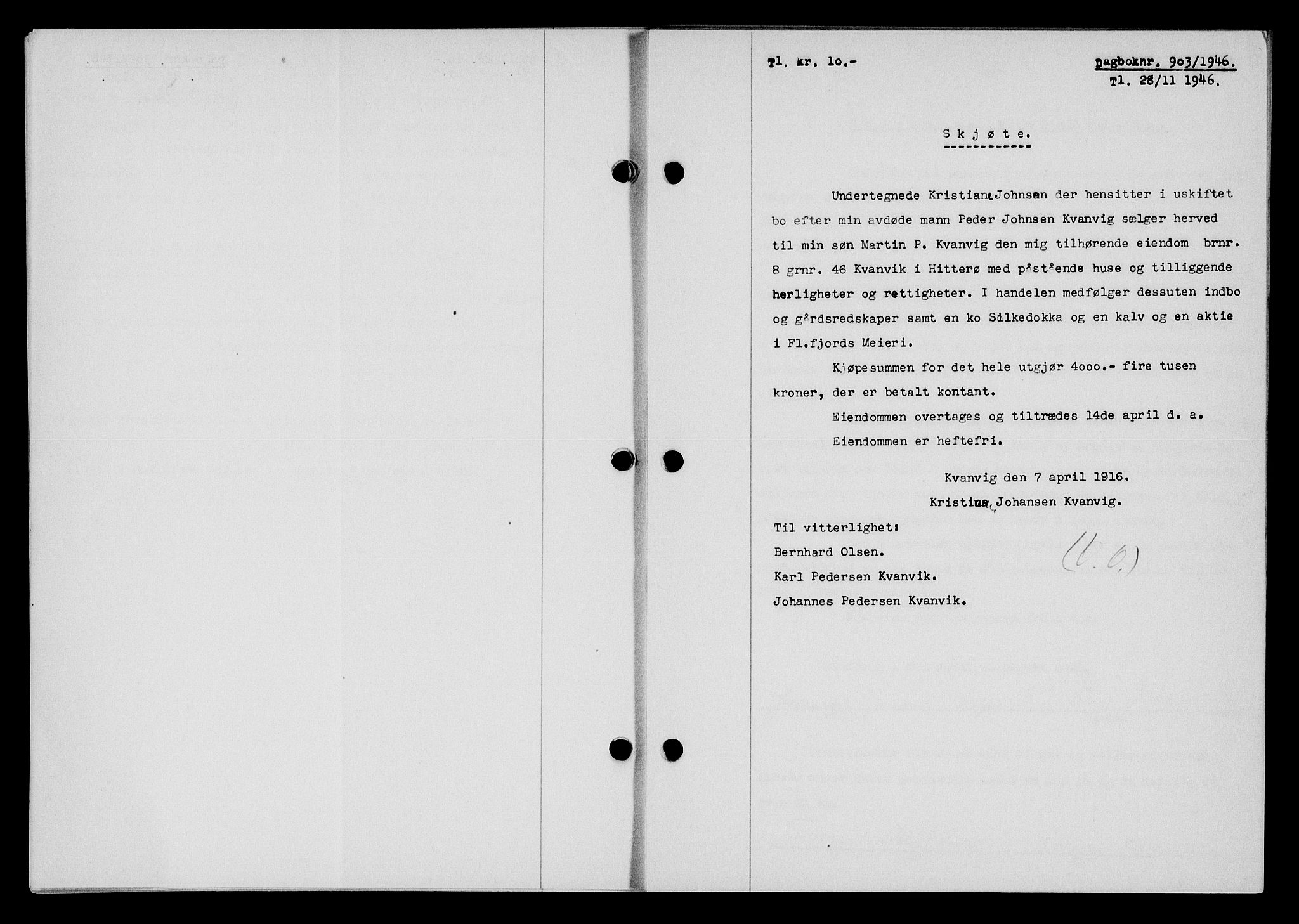 Flekkefjord sorenskriveri, AV/SAK-1221-0001/G/Gb/Gba/L0061: Mortgage book no. A-9, 1946-1947, Diary no: : 903/1946