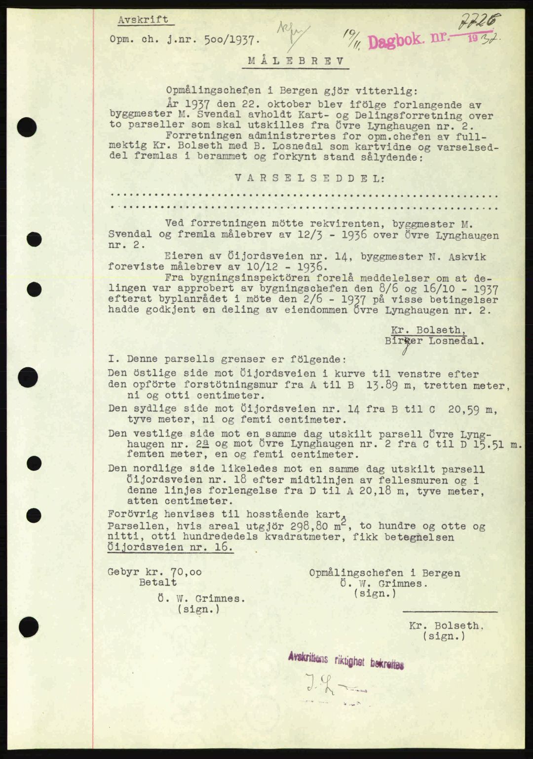 Byfogd og Byskriver i Bergen, AV/SAB-A-3401/03/03Bc/L0006: Mortgage book no. A5, 1937-1938, Diary no: : 7726/1937