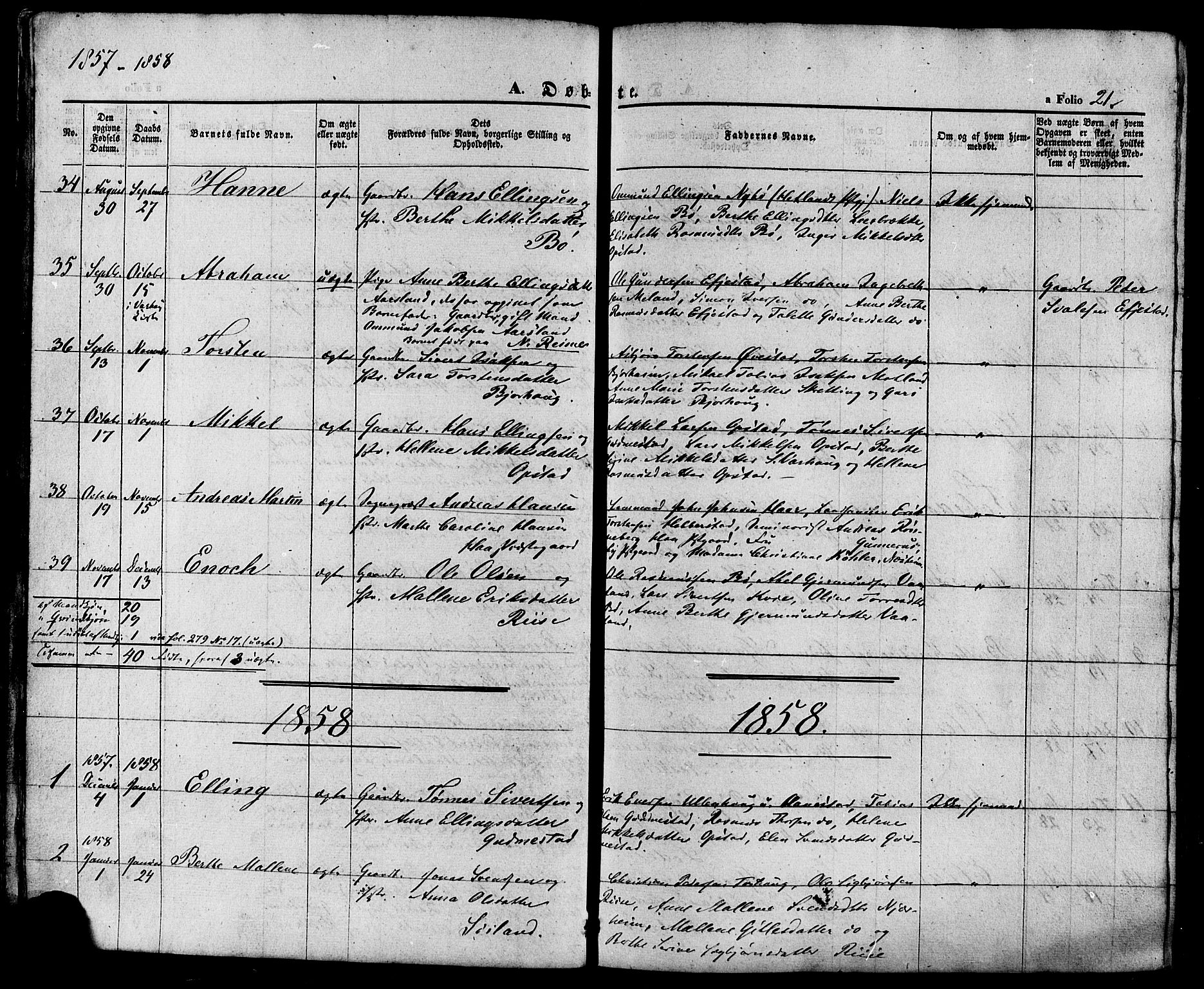 Hå sokneprestkontor, AV/SAST-A-101801/001/30BA/L0008: Parish register (official) no. A 7, 1853-1878, p. 21