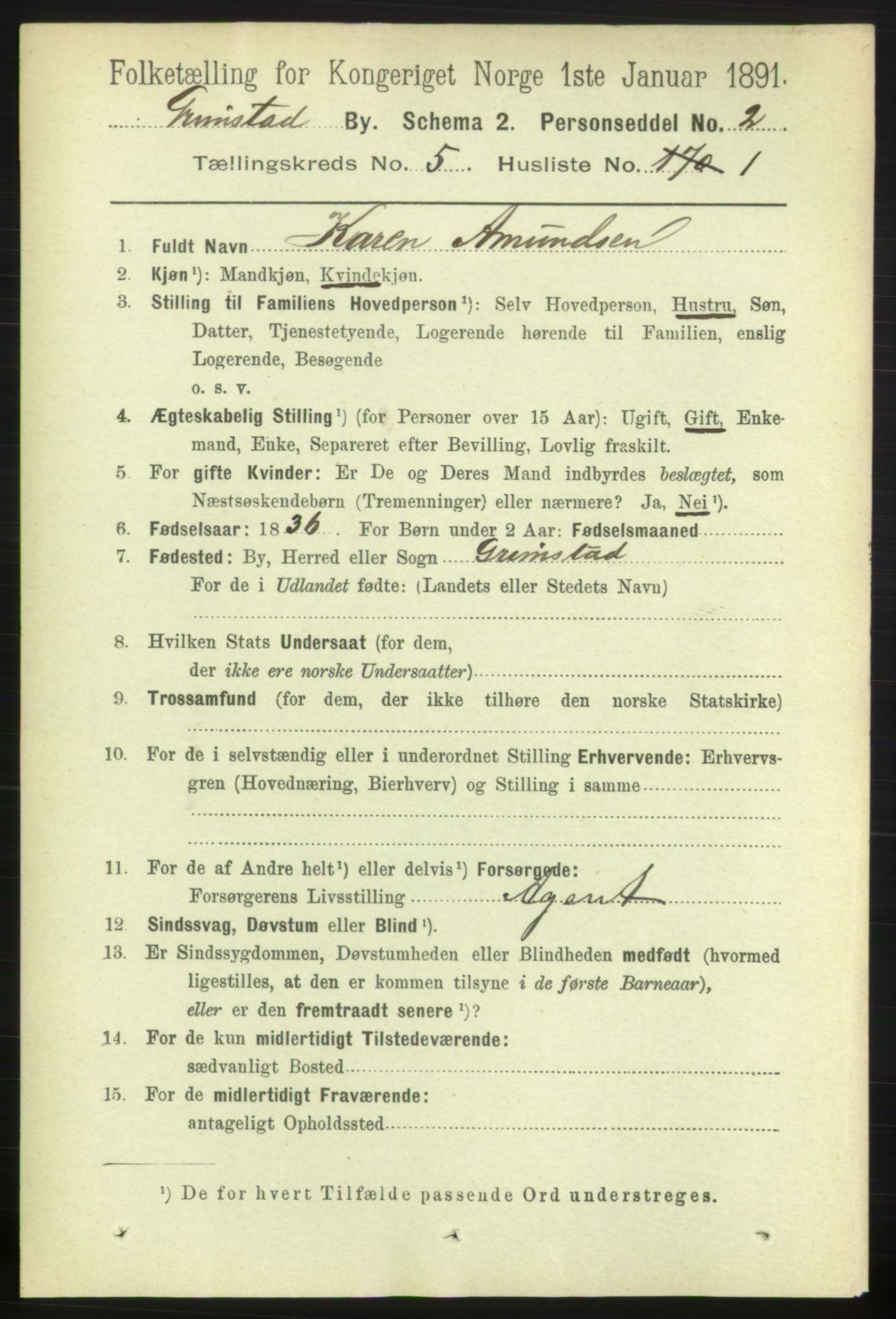 RA, 1891 census for 0904 Grimstad, 1891, p. 3010