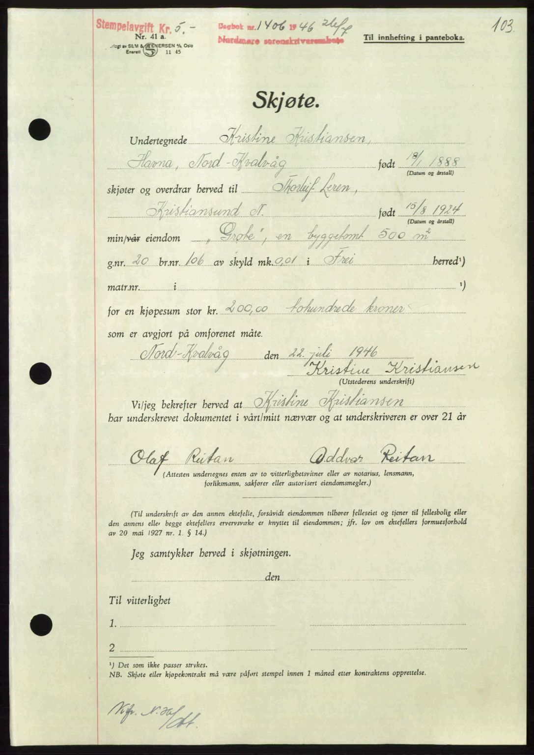 Nordmøre sorenskriveri, AV/SAT-A-4132/1/2/2Ca: Mortgage book no. A102, 1946-1946, Diary no: : 1406/1946