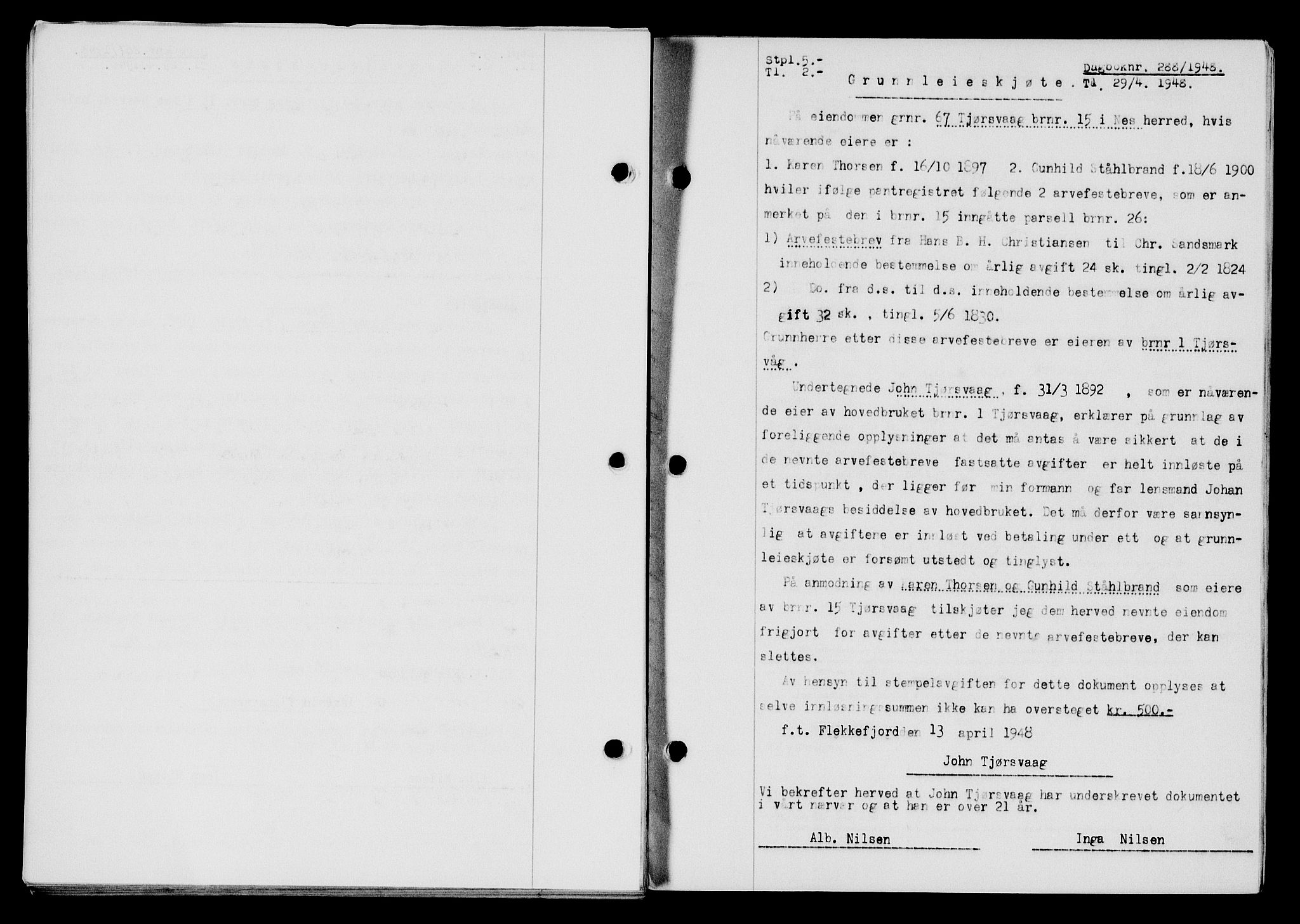 Flekkefjord sorenskriveri, SAK/1221-0001/G/Gb/Gba/L0063: Mortgage book no. A-11, 1947-1948, Diary no: : 288/1948