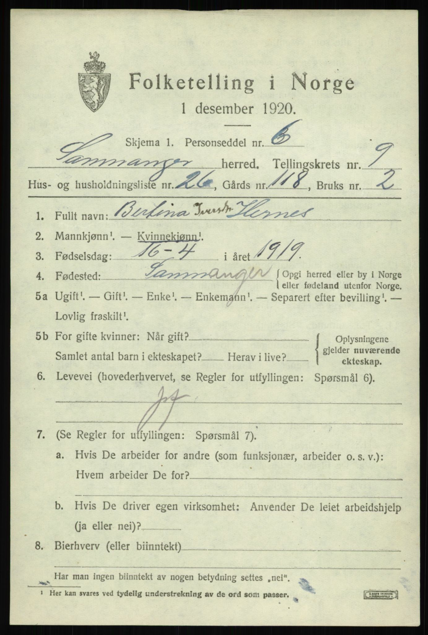 SAB, 1920 census for Samnanger, 1920, p. 4211