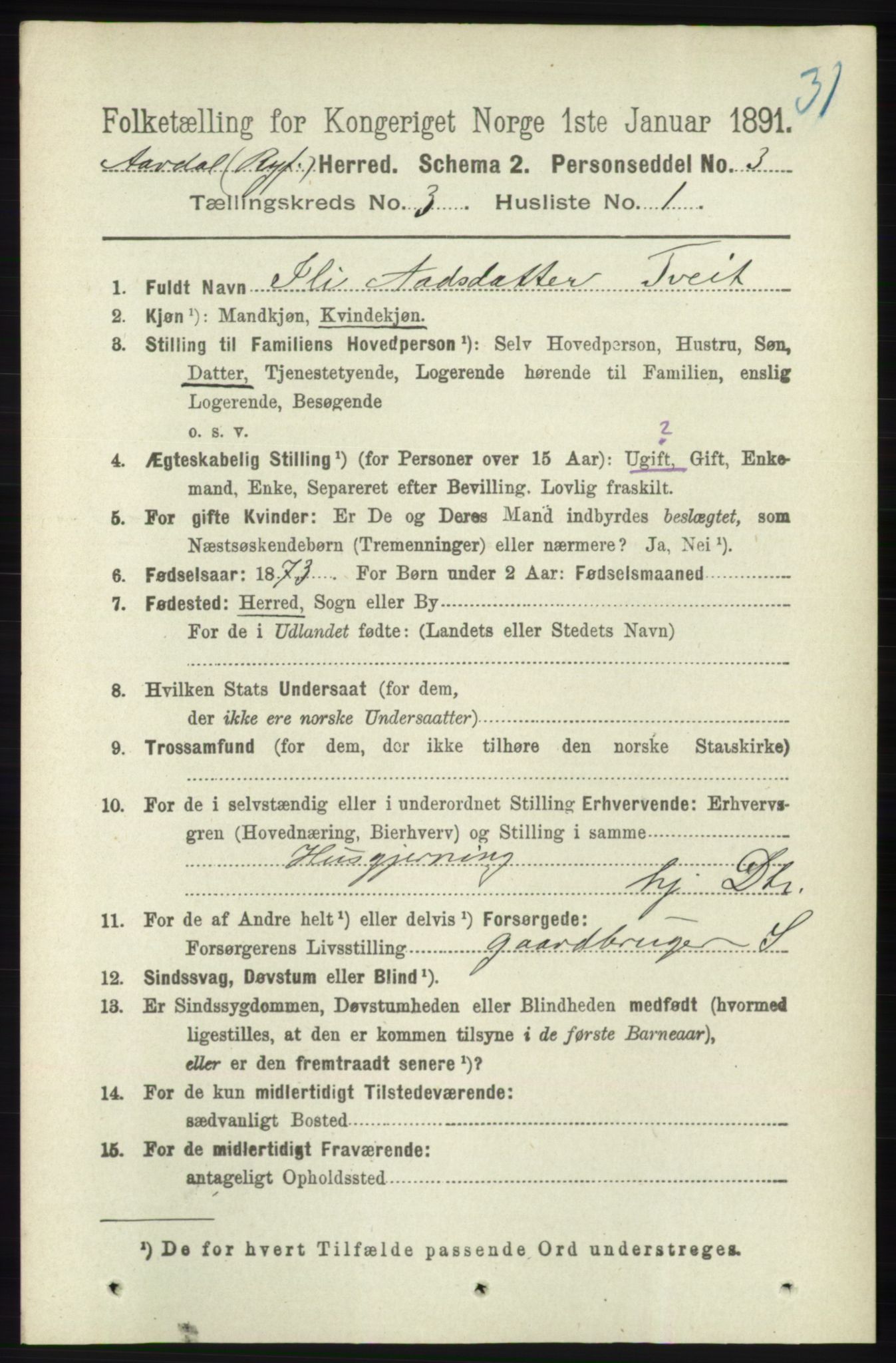 RA, 1891 census for 1131 Årdal, 1891, p. 826