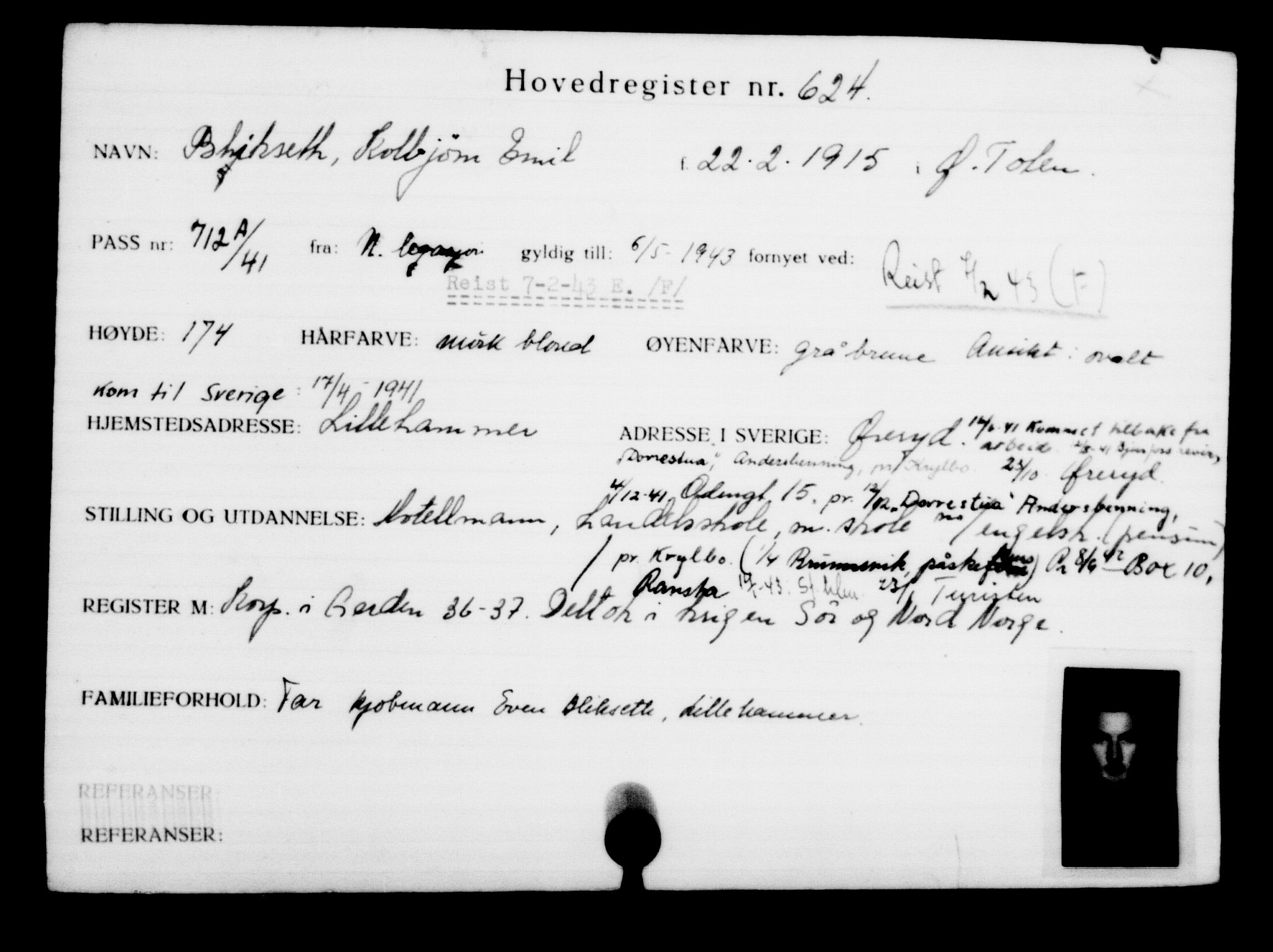 Utenriksstasjonene, Legasjonen i Stockholm, Flyktningkontoret, AV/RA-S-6753/V/Va/L0001: Kjesäterkartoteket, flyktninger med registreringsnr. 1-1000, 1940-1945, p. 977