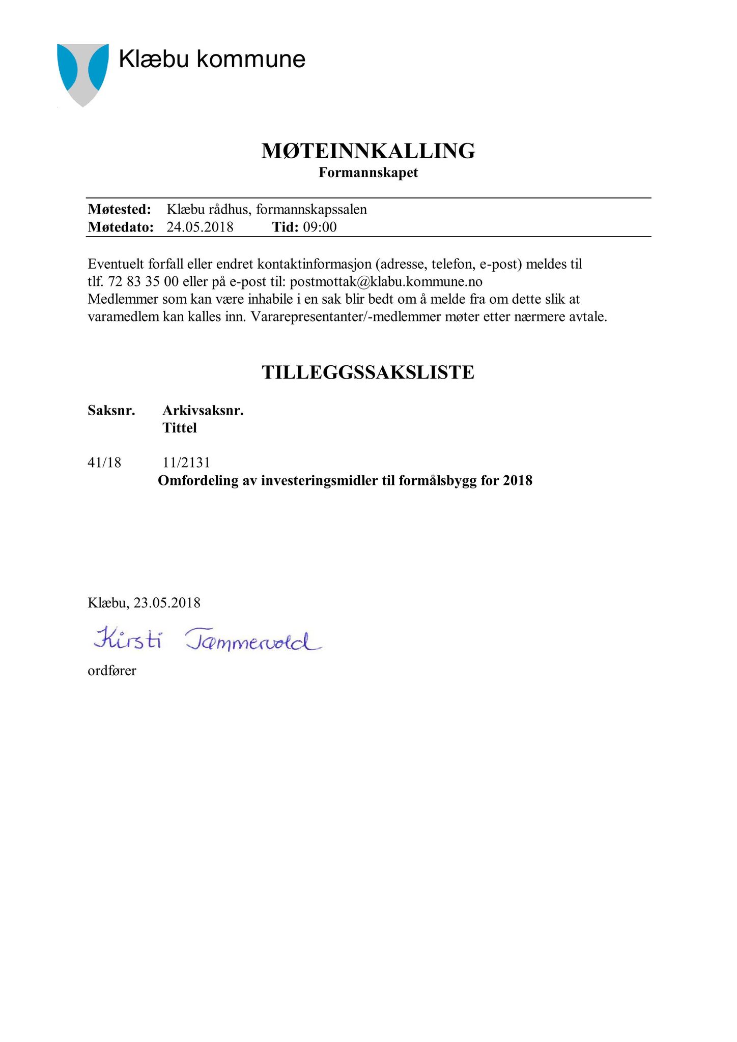 Klæbu Kommune, TRKO/KK/02-FS/L011: Formannsskapet - Møtedokumenter, 2018, p. 986