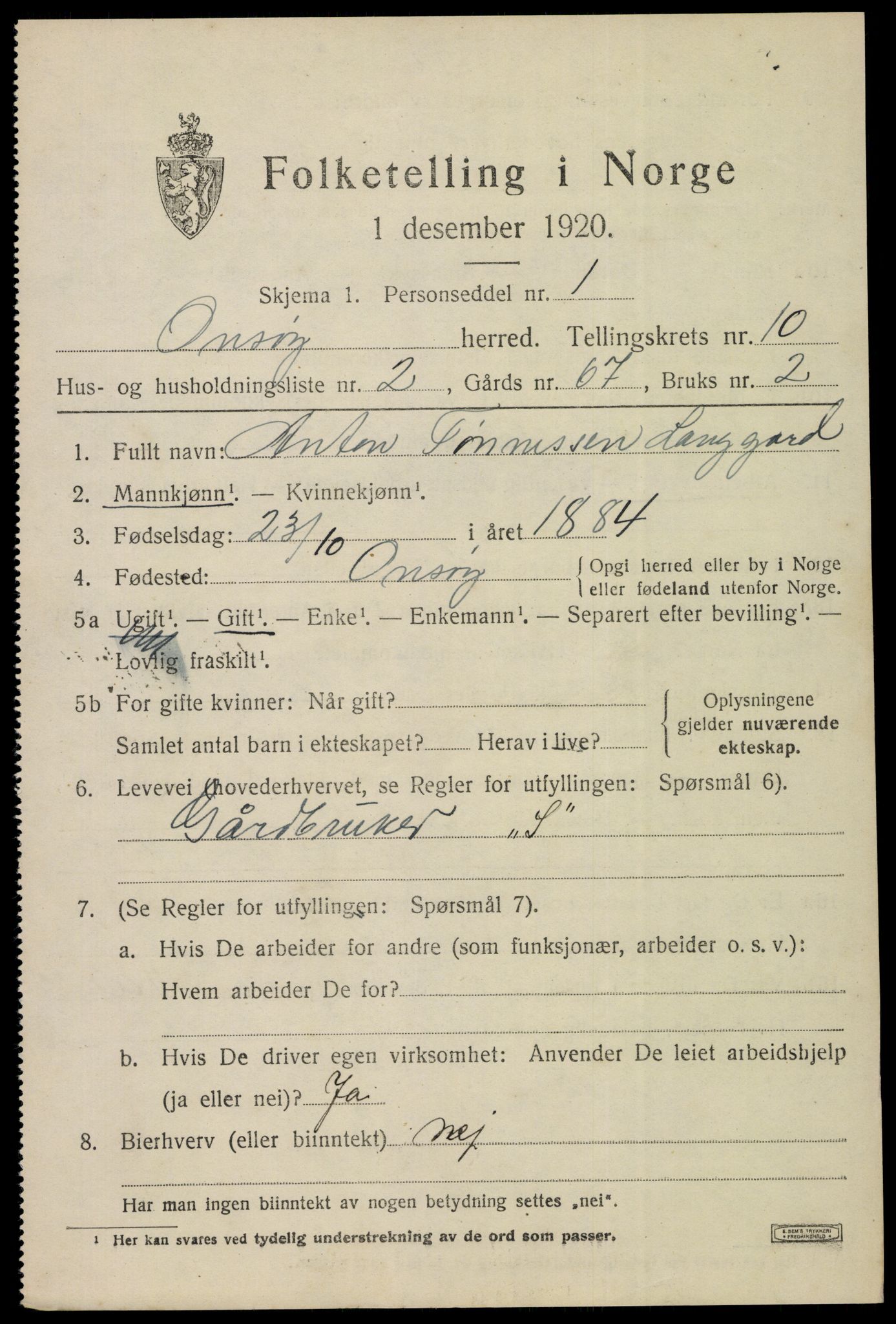 SAO, 1920 census for Onsøy, 1920, p. 13534