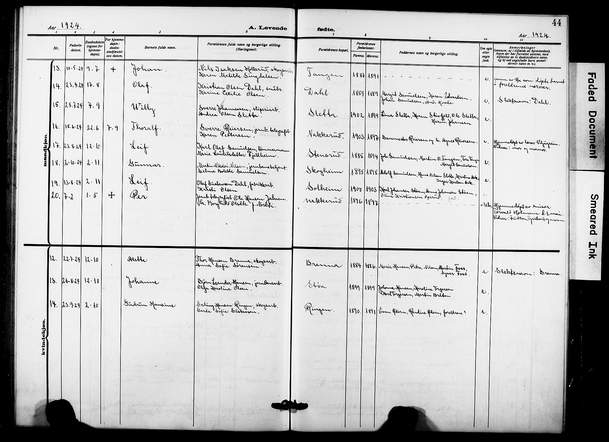 Hole kirkebøker, AV/SAKO-A-228/G/Gb/L0005: Parish register (copy) no. II 5, 1915-1932, p. 44