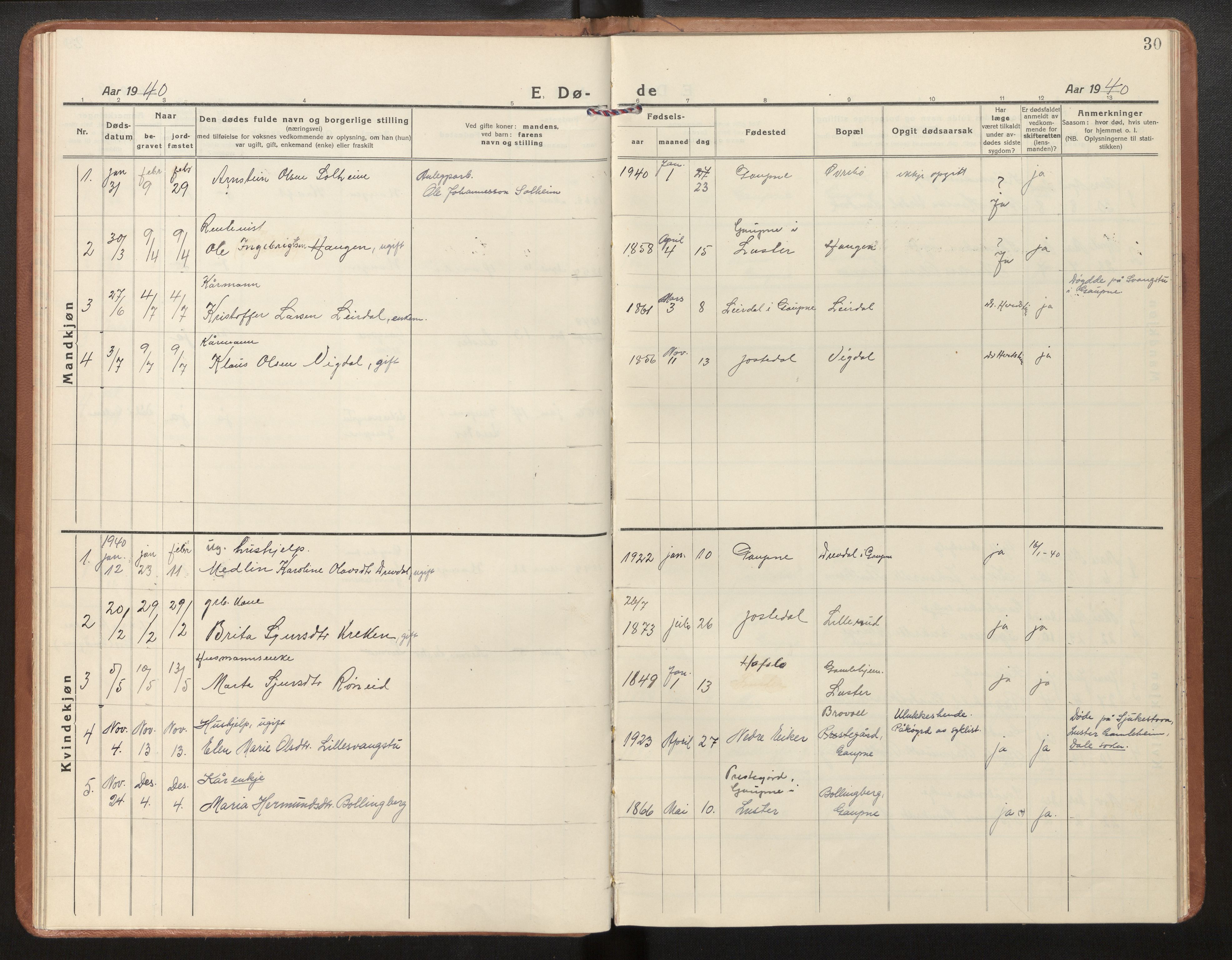 Jostedal sokneprestembete, AV/SAB-A-80601/H/Haa/Haad/L0002: Parish register (official) no. D 2, 1923-2007, p. 30