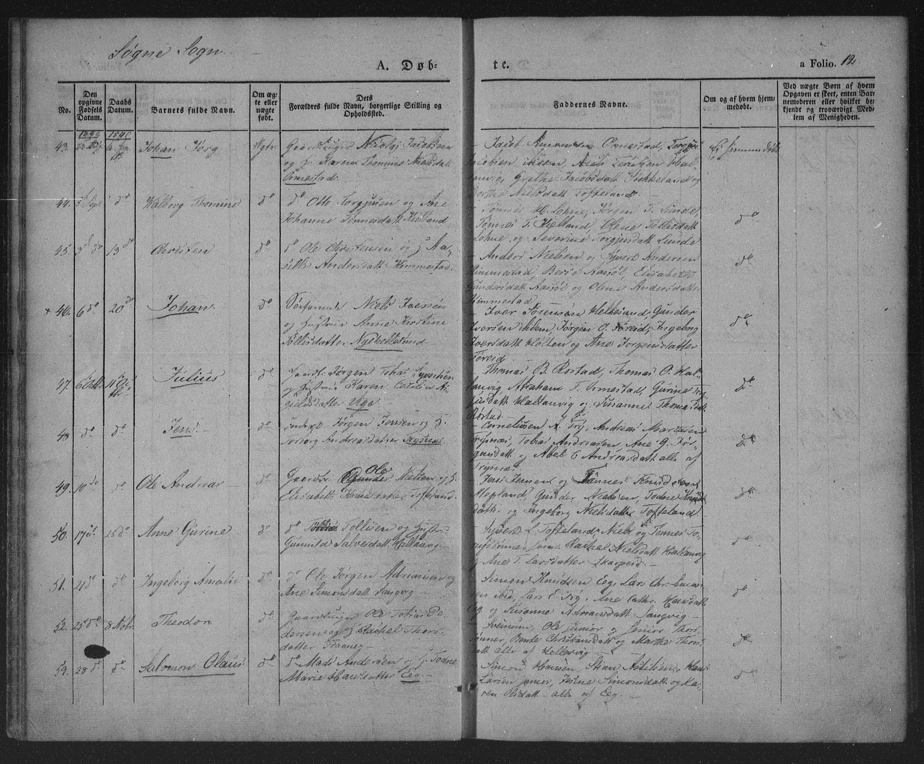 Søgne sokneprestkontor, AV/SAK-1111-0037/F/Fa/Fab/L0009: Parish register (official) no. A 9, 1838-1853, p. 12