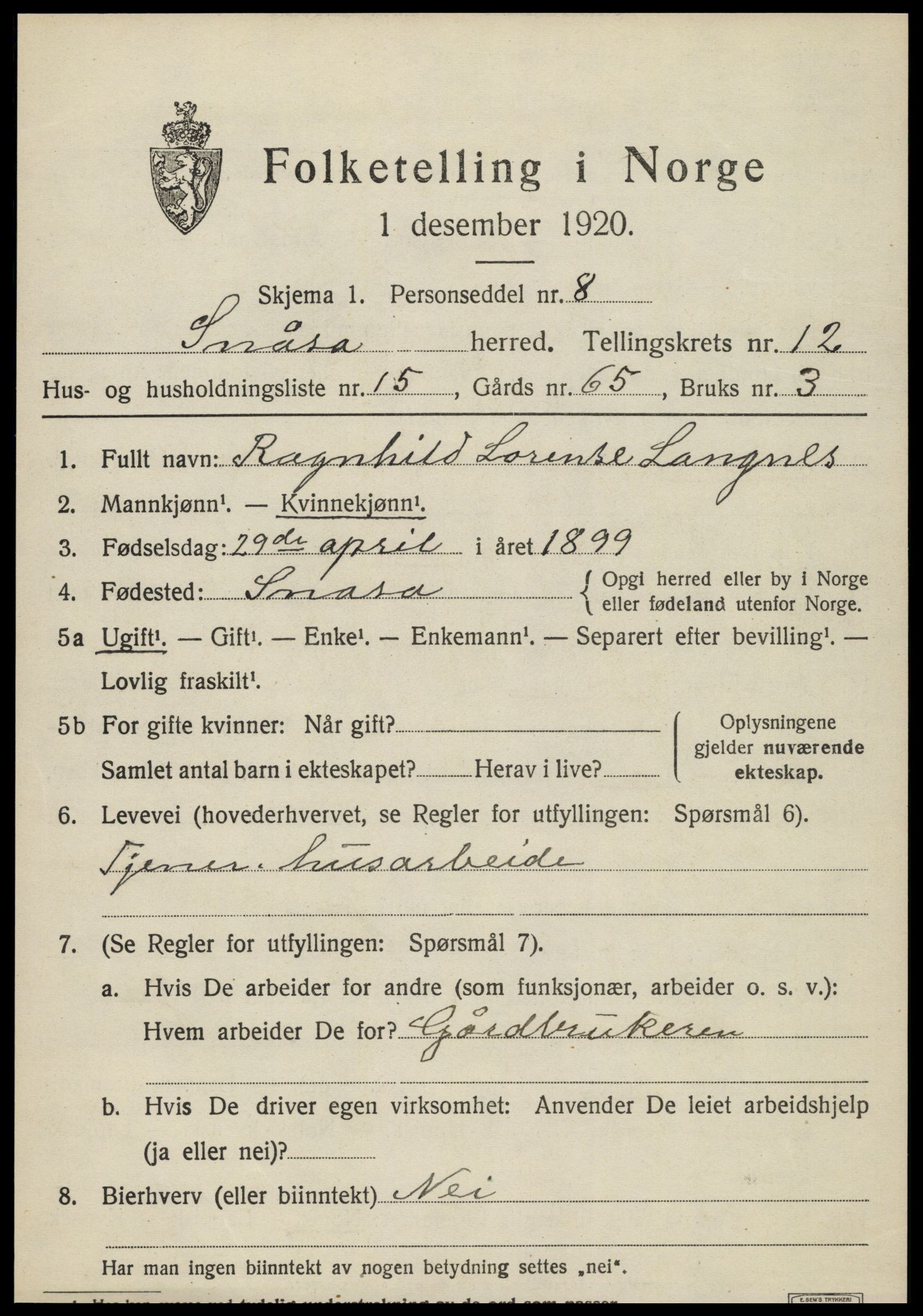 SAT, 1920 census for Snåsa, 1920, p. 5356