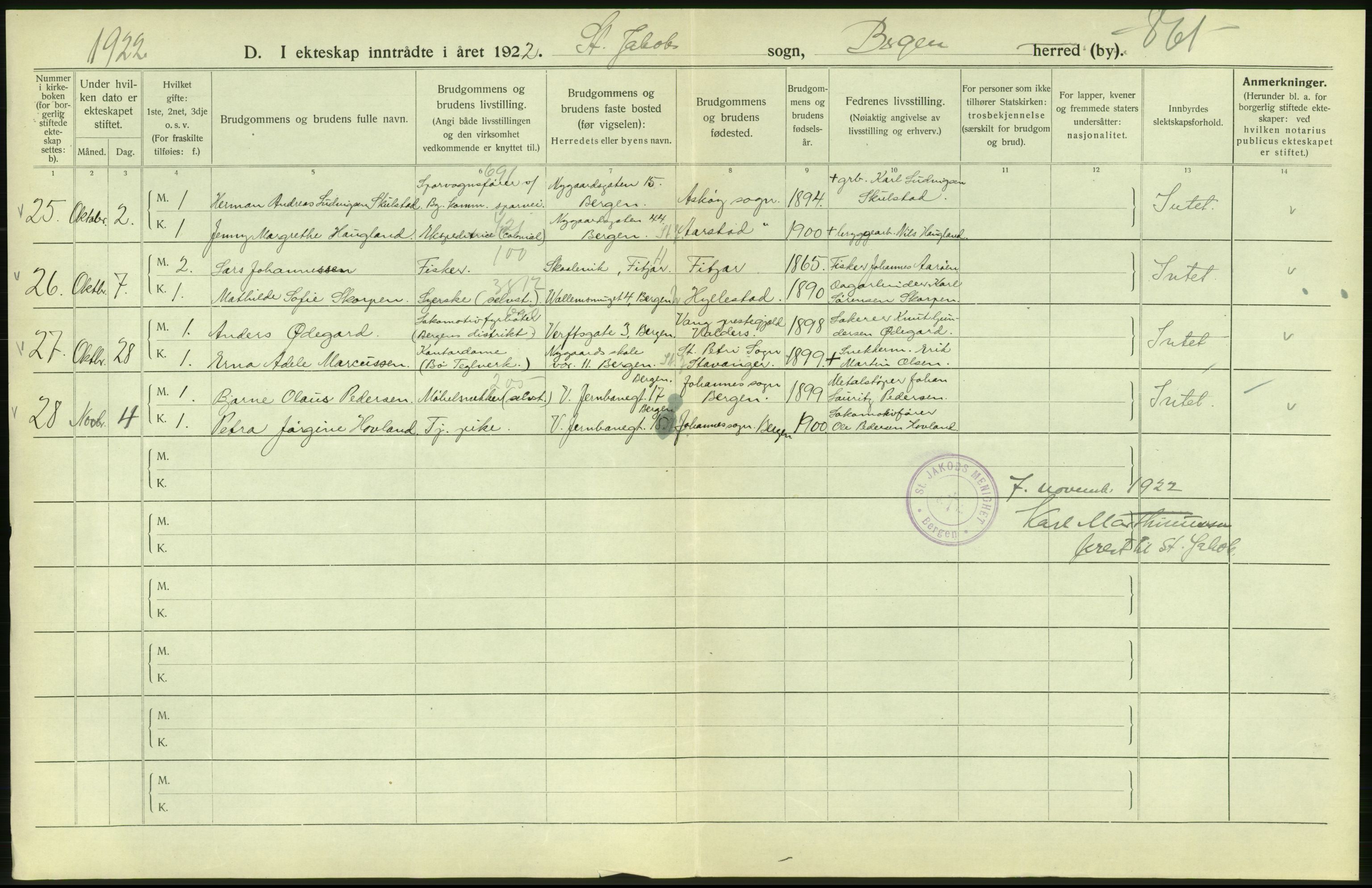 Statistisk sentralbyrå, Sosiodemografiske emner, Befolkning, AV/RA-S-2228/D/Df/Dfc/Dfcb/L0030: Bergen: Gifte, døde, dødfødte., 1922, p. 26